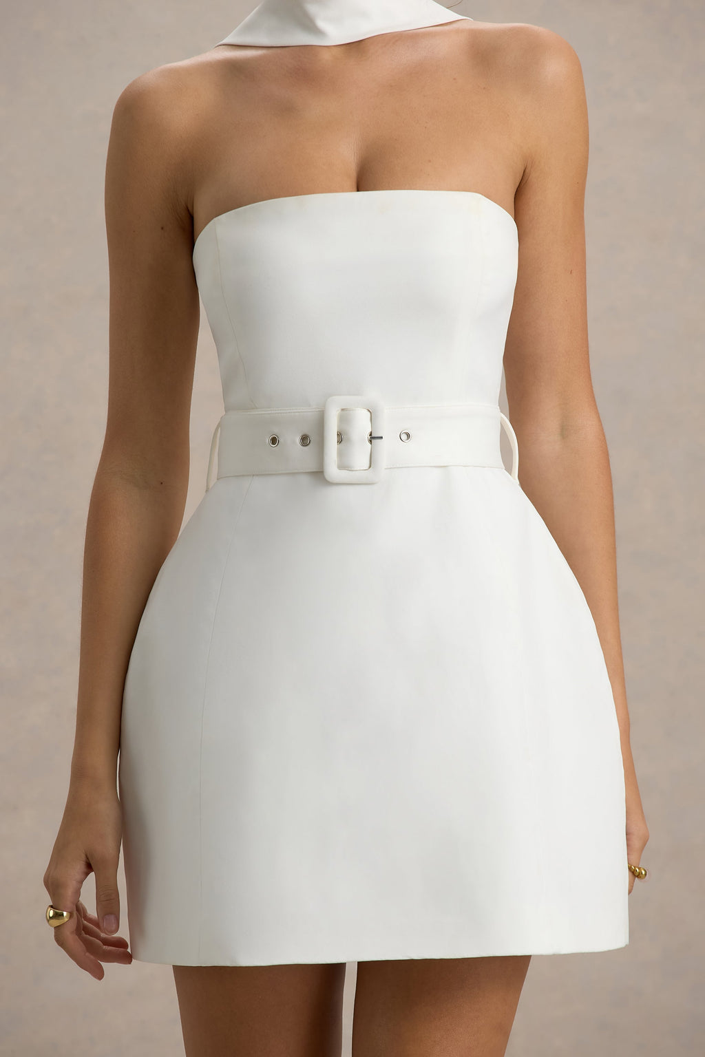 Timberly | White High-Neck Tailored Micro-Mini Dress