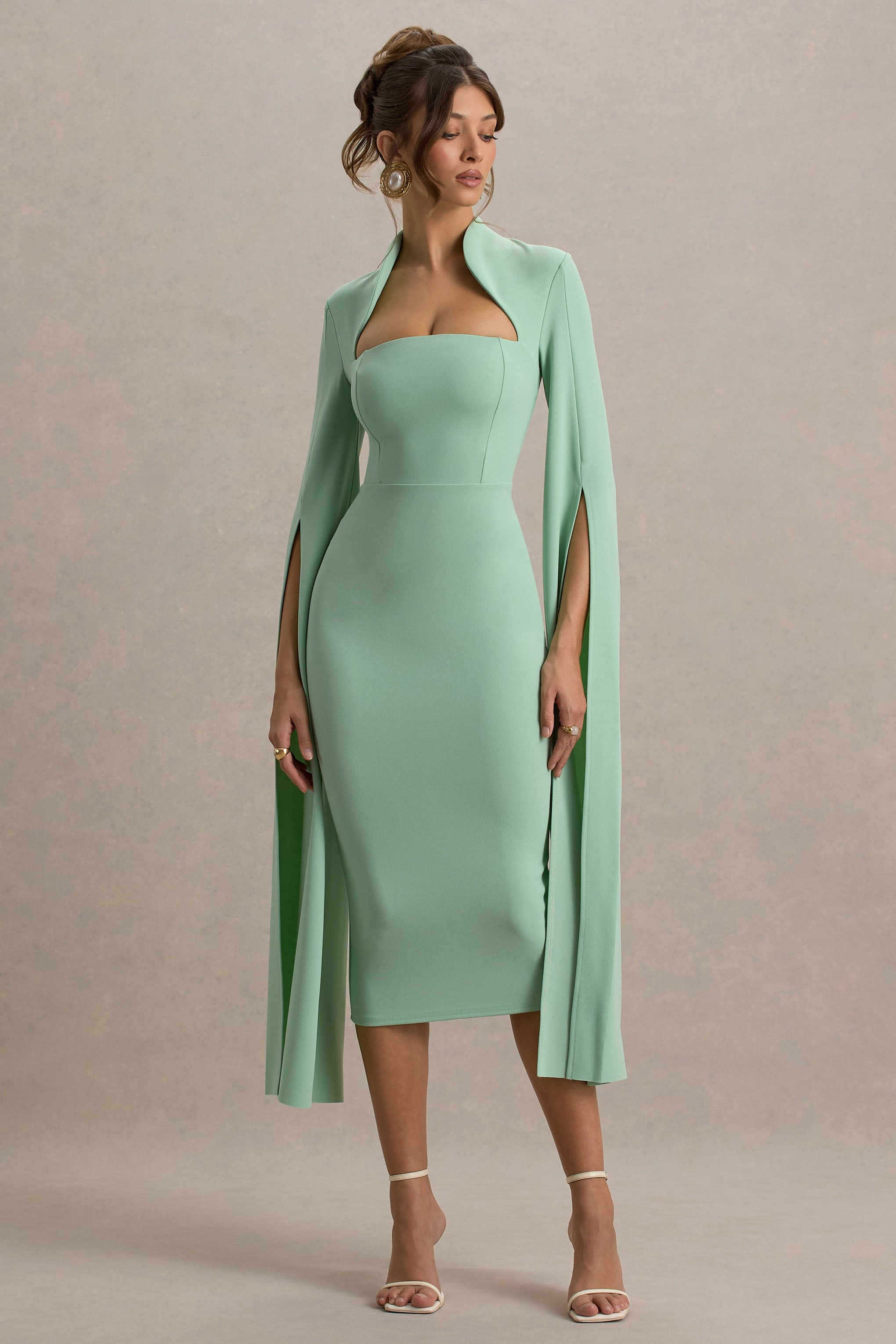 Linden | Light Green Bodycon Cape-Sleeve Midi Dress