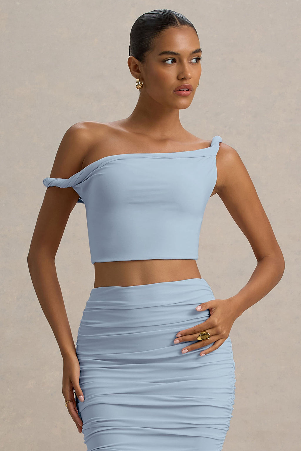 Ariel | Powder Blue Twisted Asymmetric Crop Top