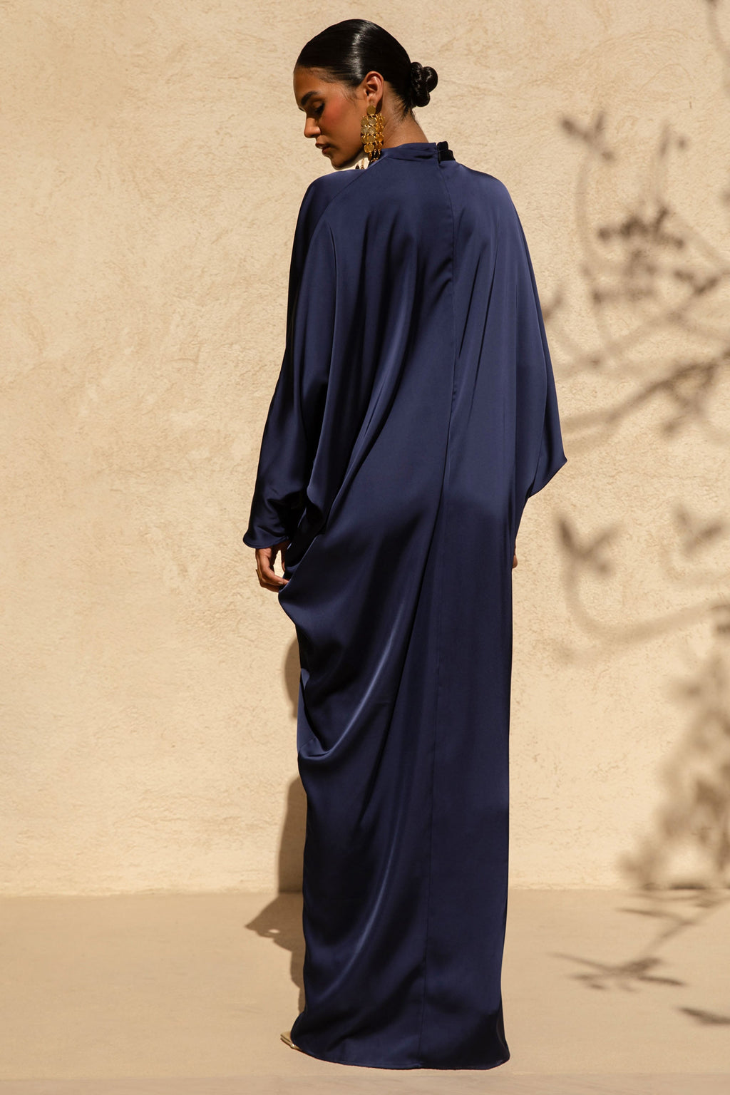 Tina | Navy Satin Plunge-Neck Embellished Maxi Dress