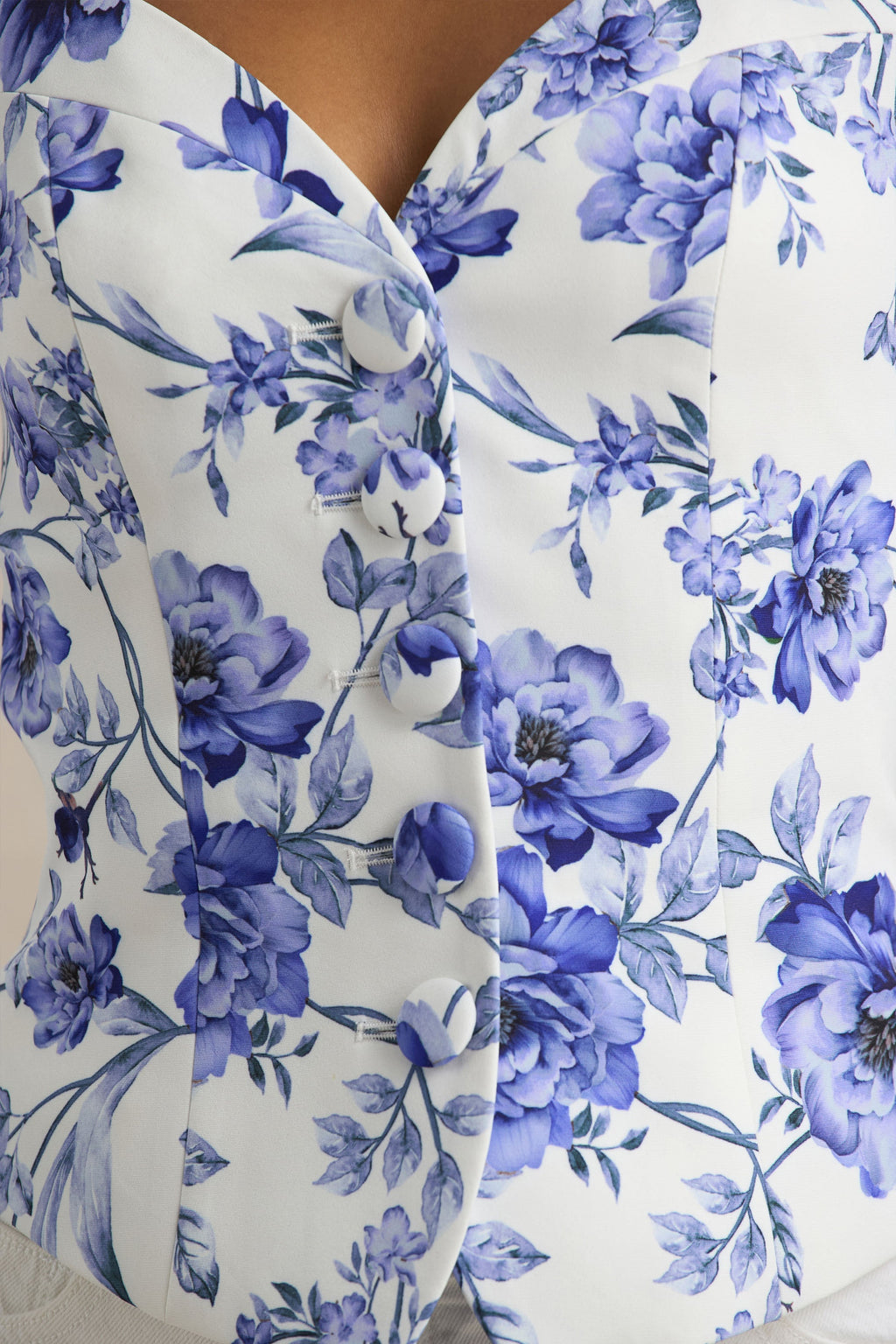 Olympia | Blue Floral Print Sweetheart-Neck Tailored Top