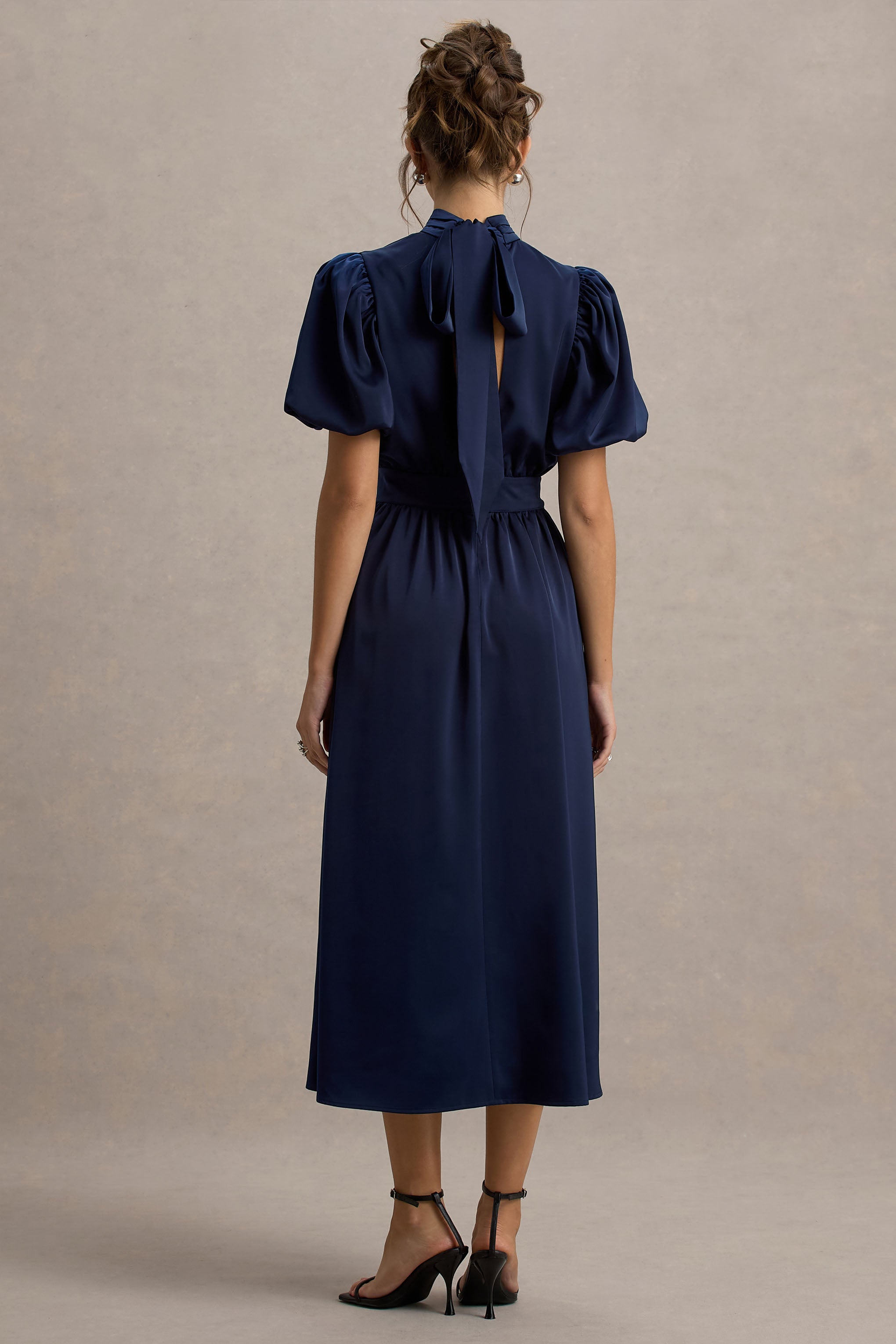 Persea | Navy Satin Puff-Sleeve Midi Dress With Bow