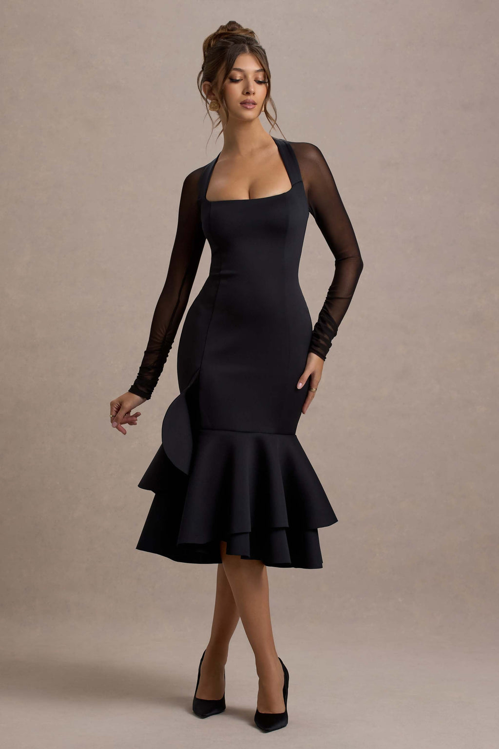 Sander | Black Mesh Long-Sleeve Ruffle-Hem Midi Dress