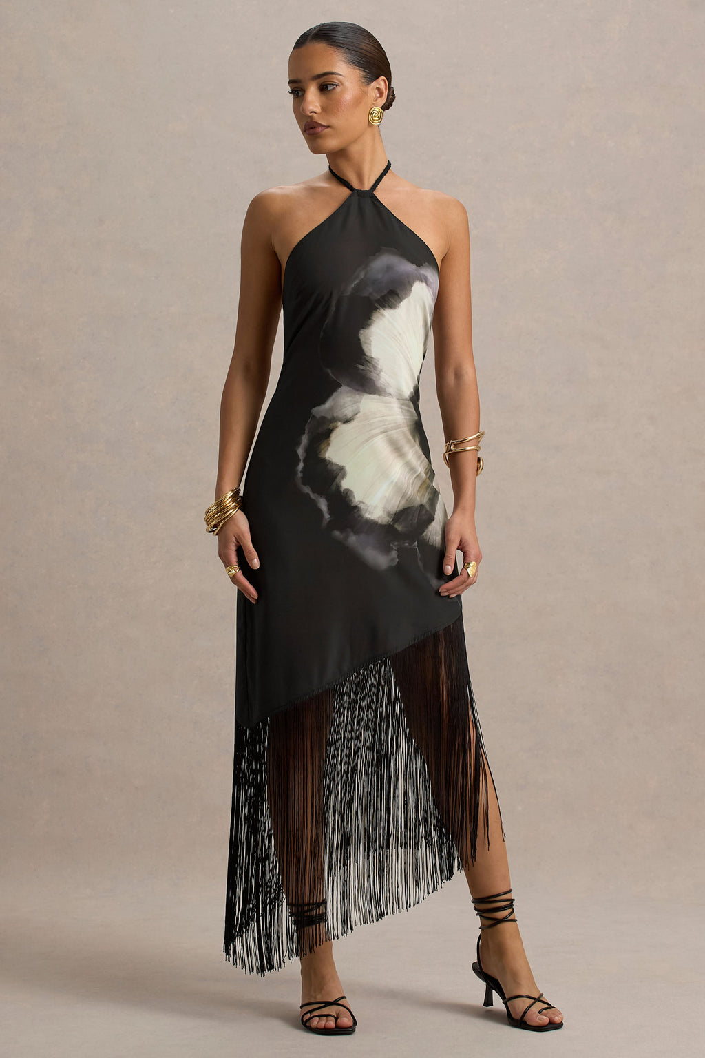 Dhalia | Black Floral Print Halter-Neck Fringe Maxi Dress
