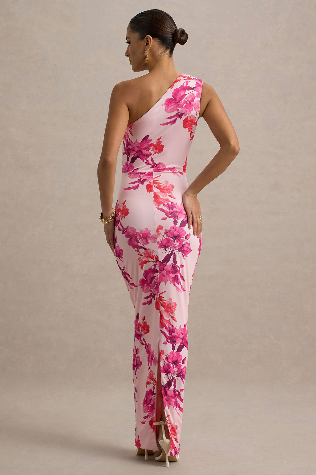 Dalarie | Pink and Orange Floral Print One-Shoulder Gathered Maxi Dress