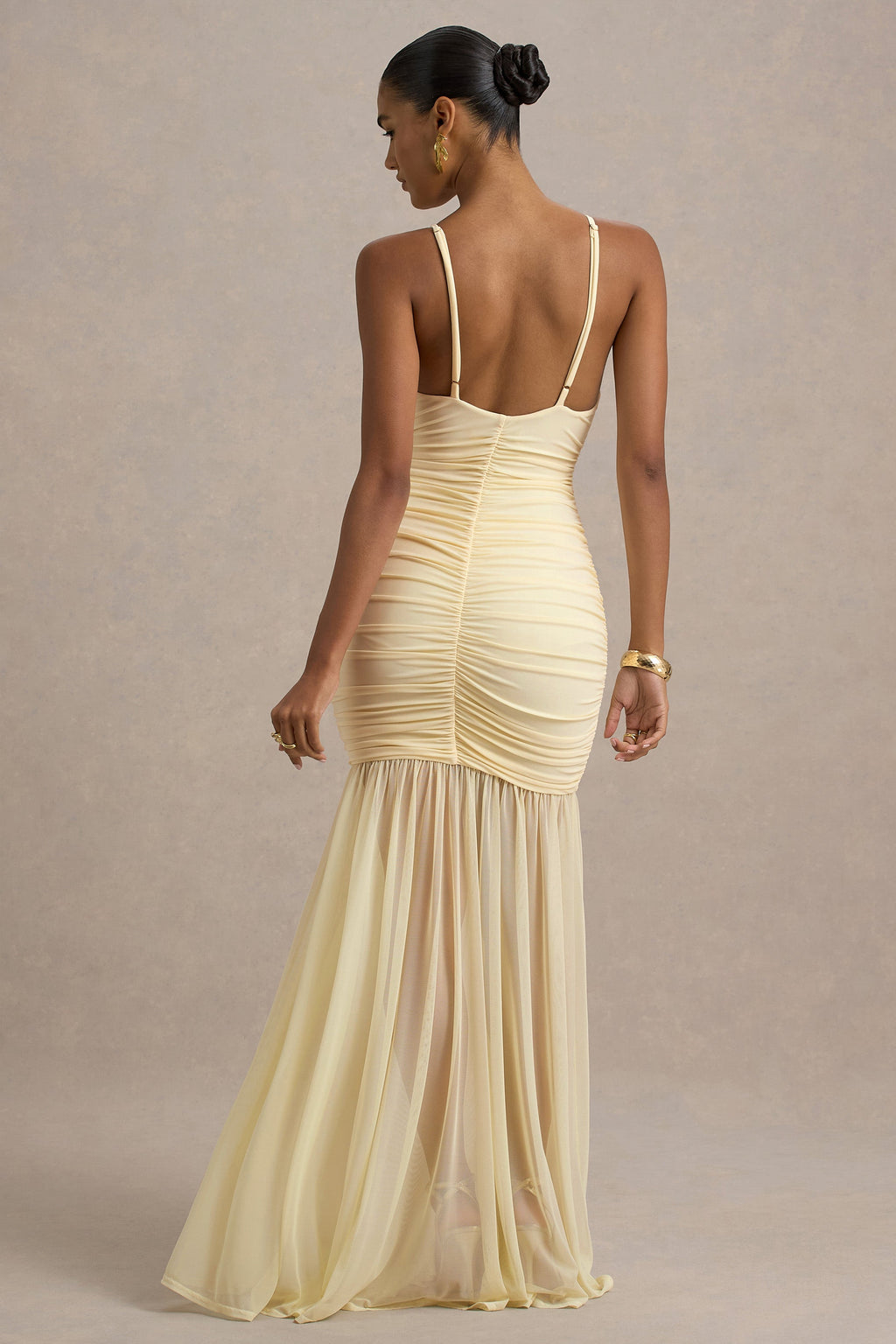 Pasqualina | Pale Lemon Ruched Plunge-Neck Maxi Dress