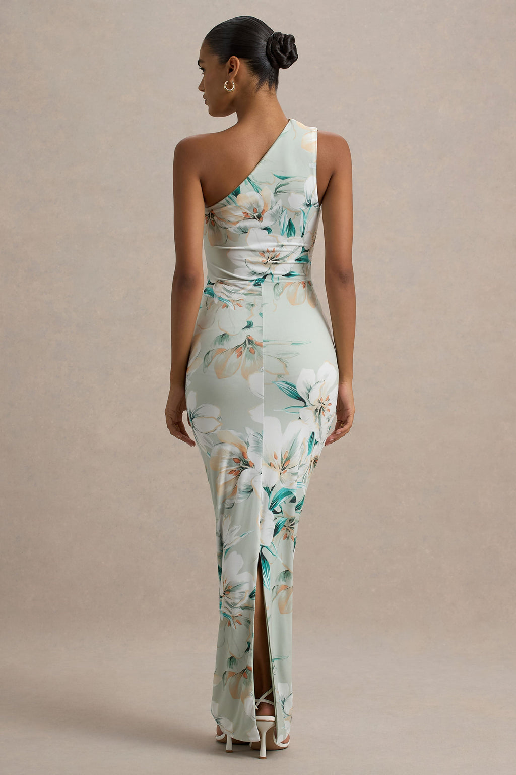 Dalarie | Green Floral Print One-Shoulder Gathered Maxi Dress