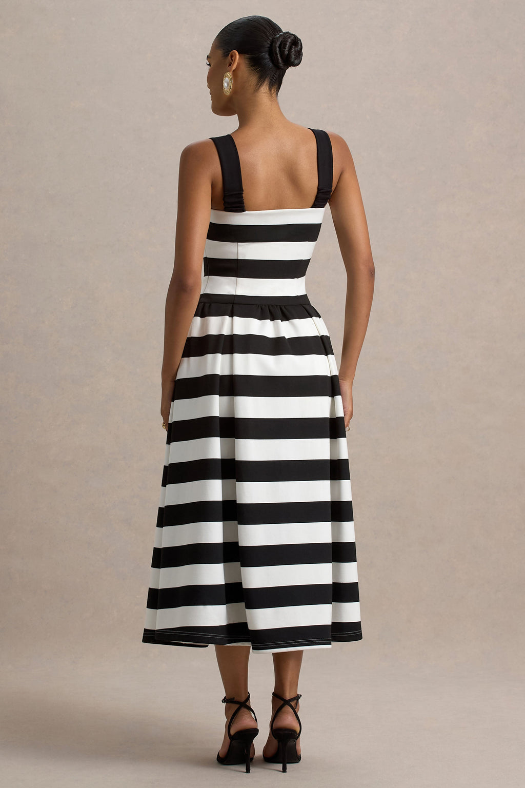 Monte Carlo | Black & White Striped Square-Neck Drop-Waist Midi Dress