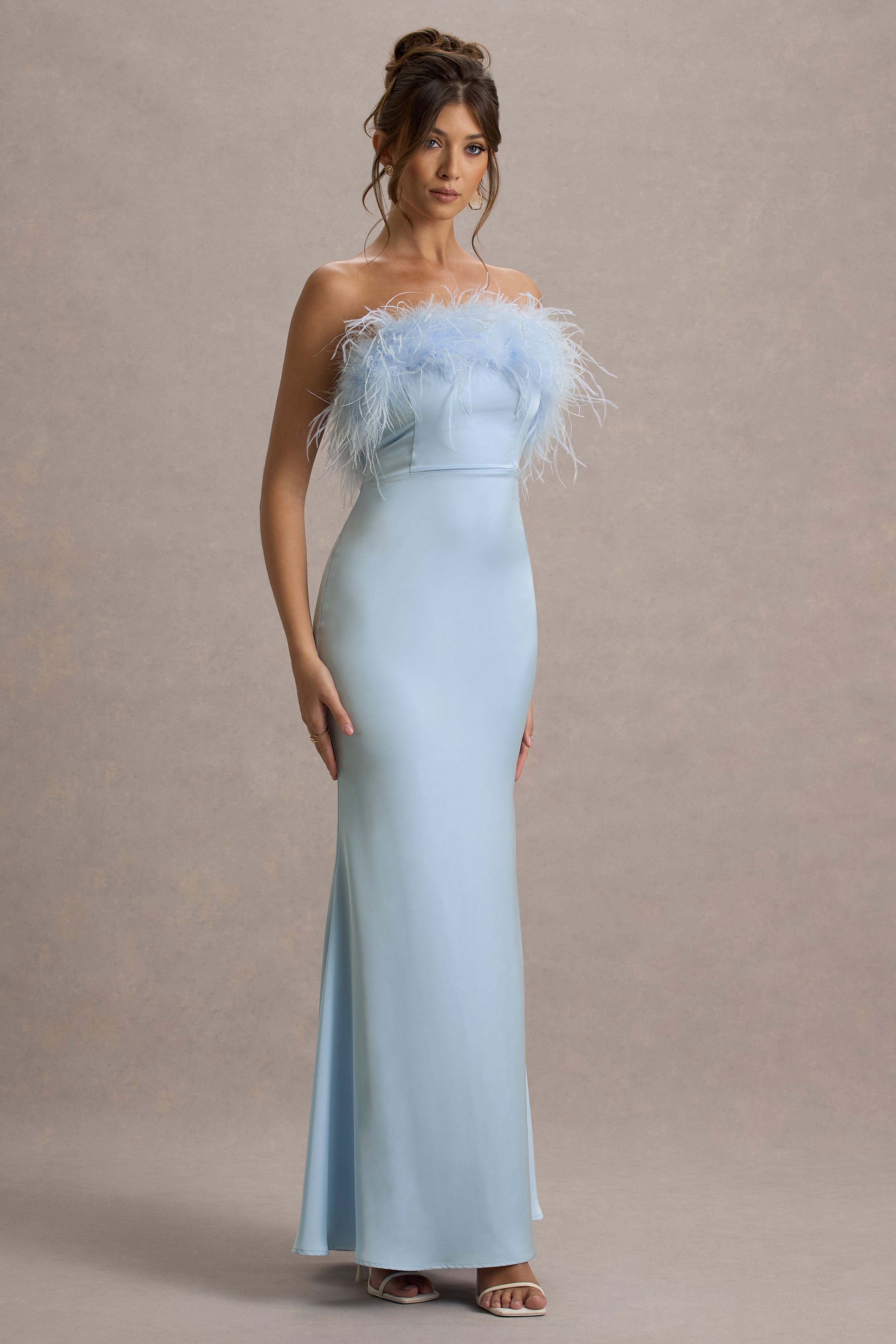 Dress For It | Powder Blue Satin Feather Trim Bandeau Maxi Dress
