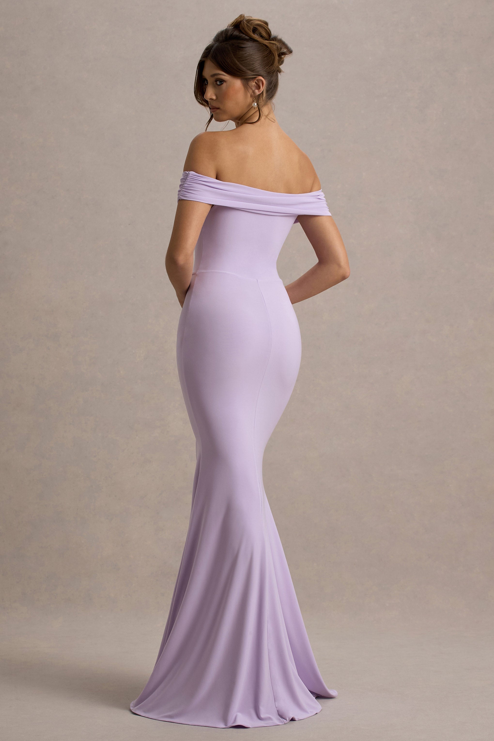 Law of Attraction | Lilac Bardot Draped Split Maxi Dress