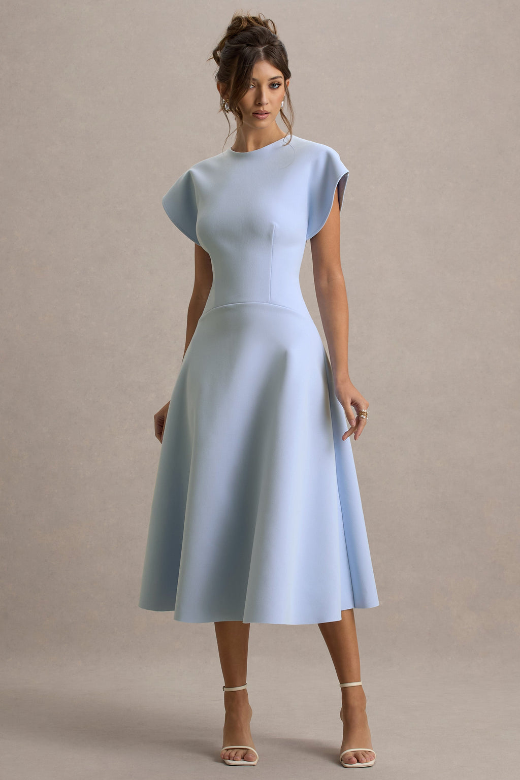 Linda | Powder Blue High-Neck Cap-Sleeve Midi Dress