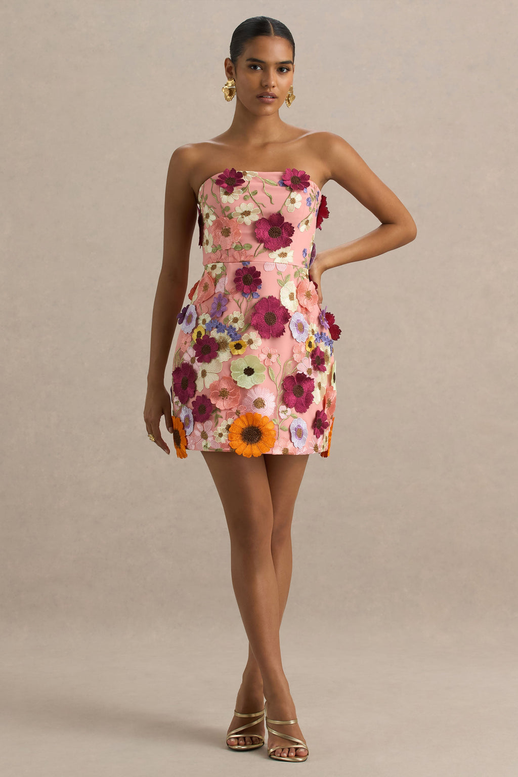 Kristen | Pink Floral Bandeau-Neck Mini Dress