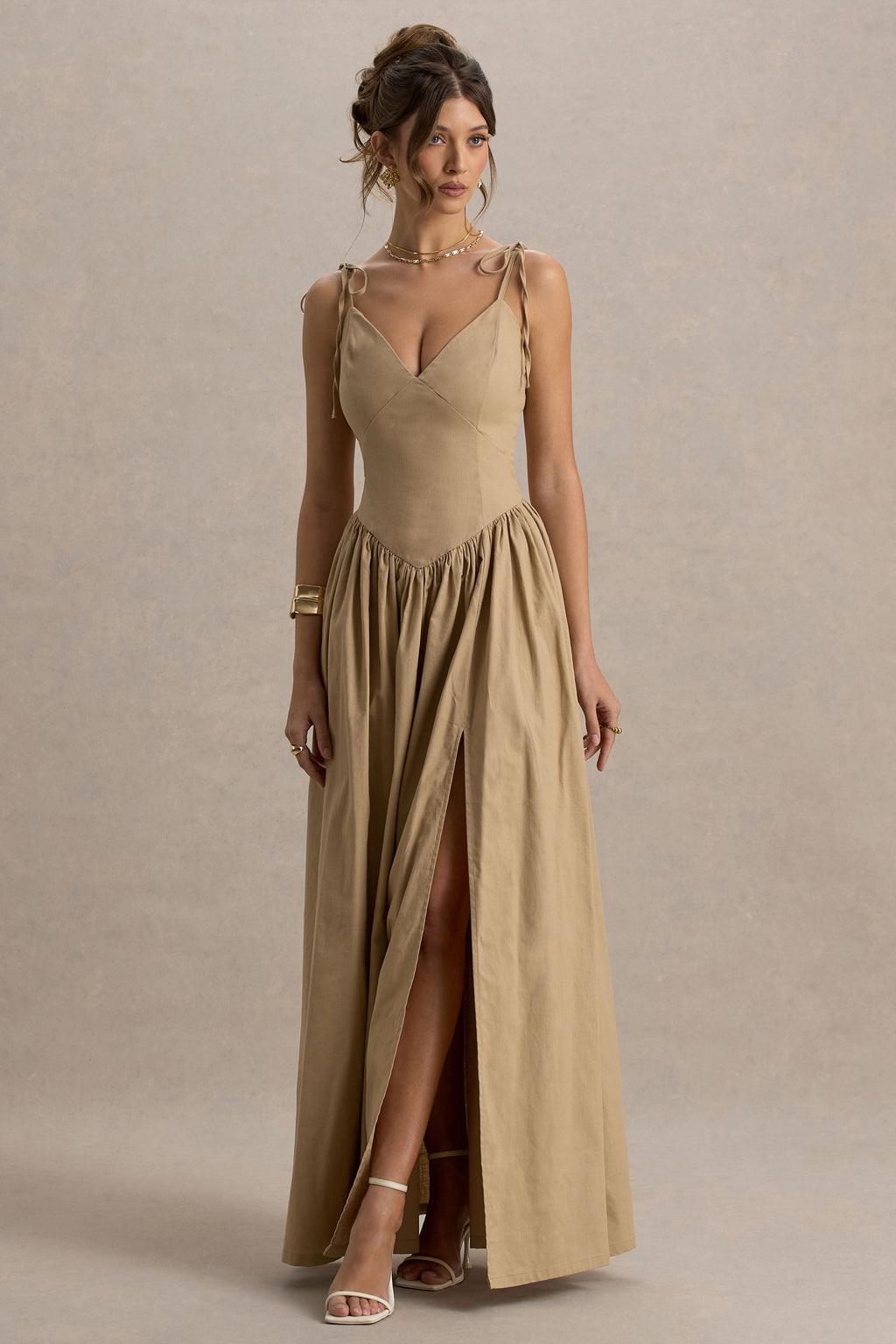 Comet | Tan Linen Maxi Dress with Plunge Neckline and Front High Split