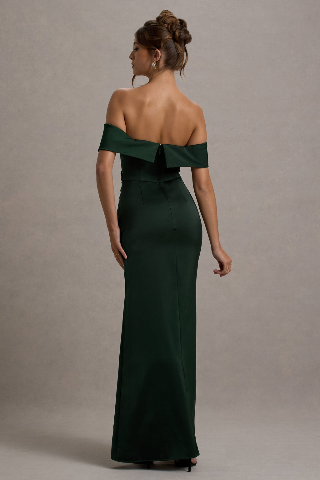Martine | Bottle Green Satin Bardot Wrap Maxi Dress