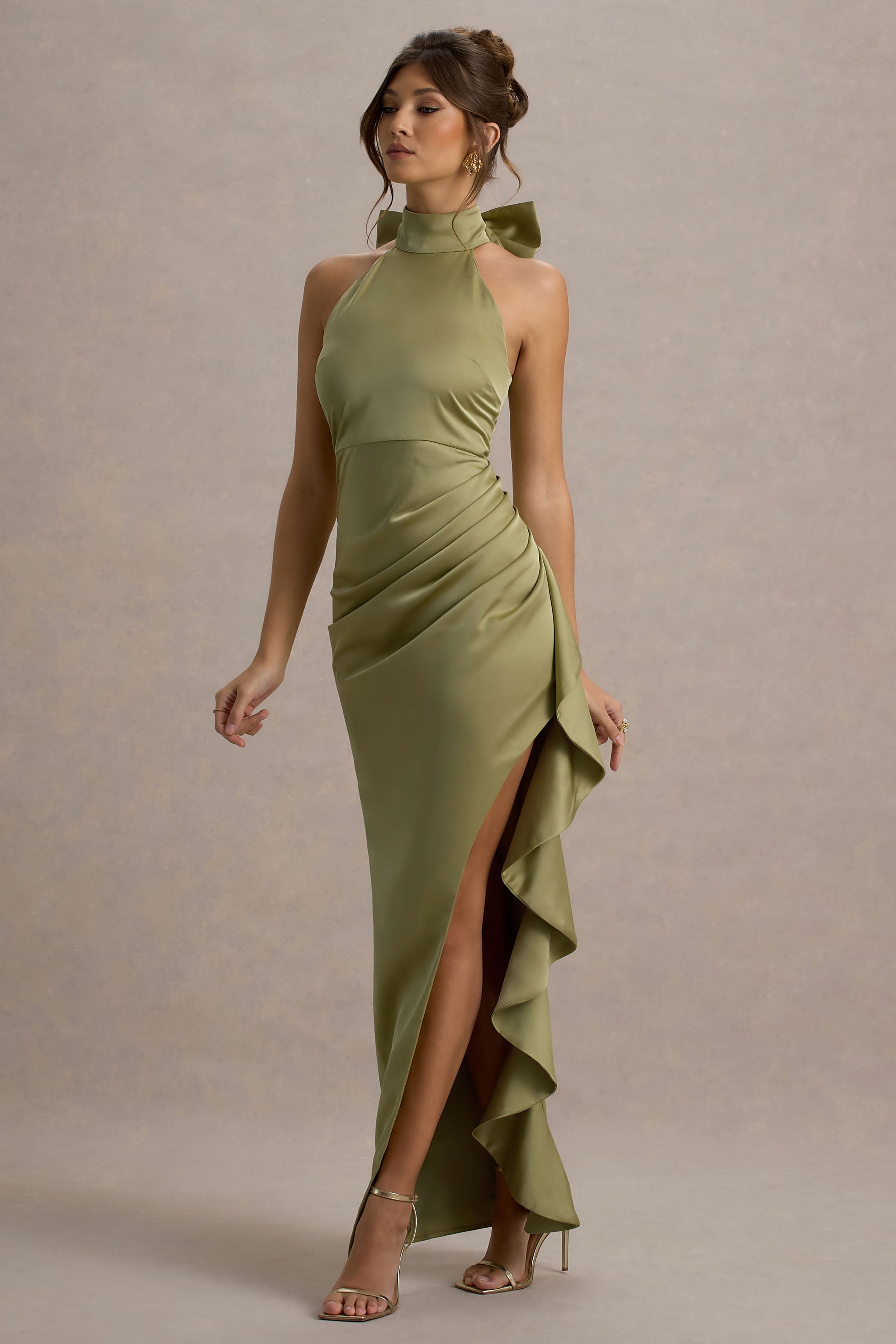 Maureen | Light Green Satin High-Neck Draped Maxi Dress