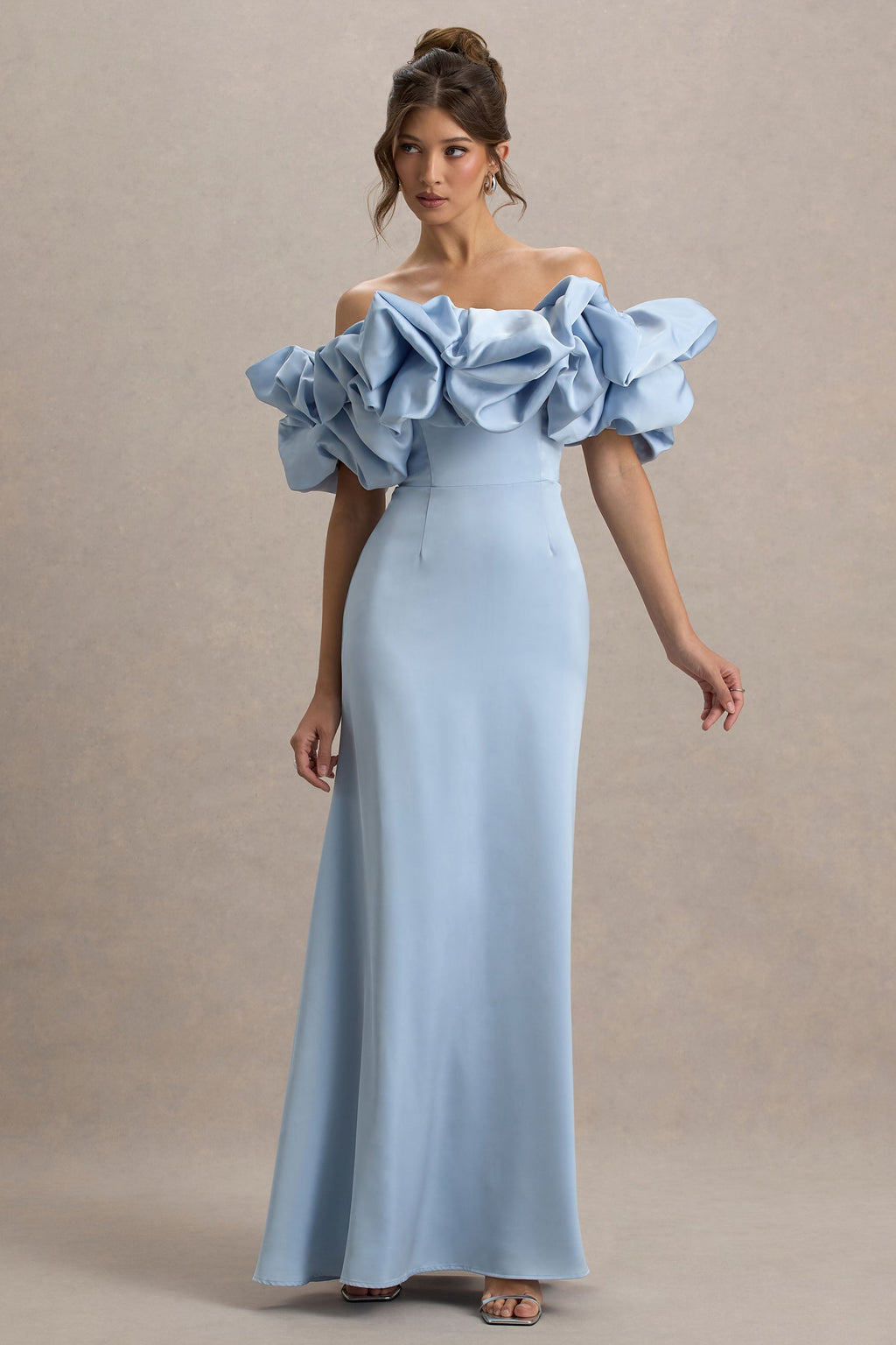 Allie | Powder Blue Puff Bardot Maxi Dress