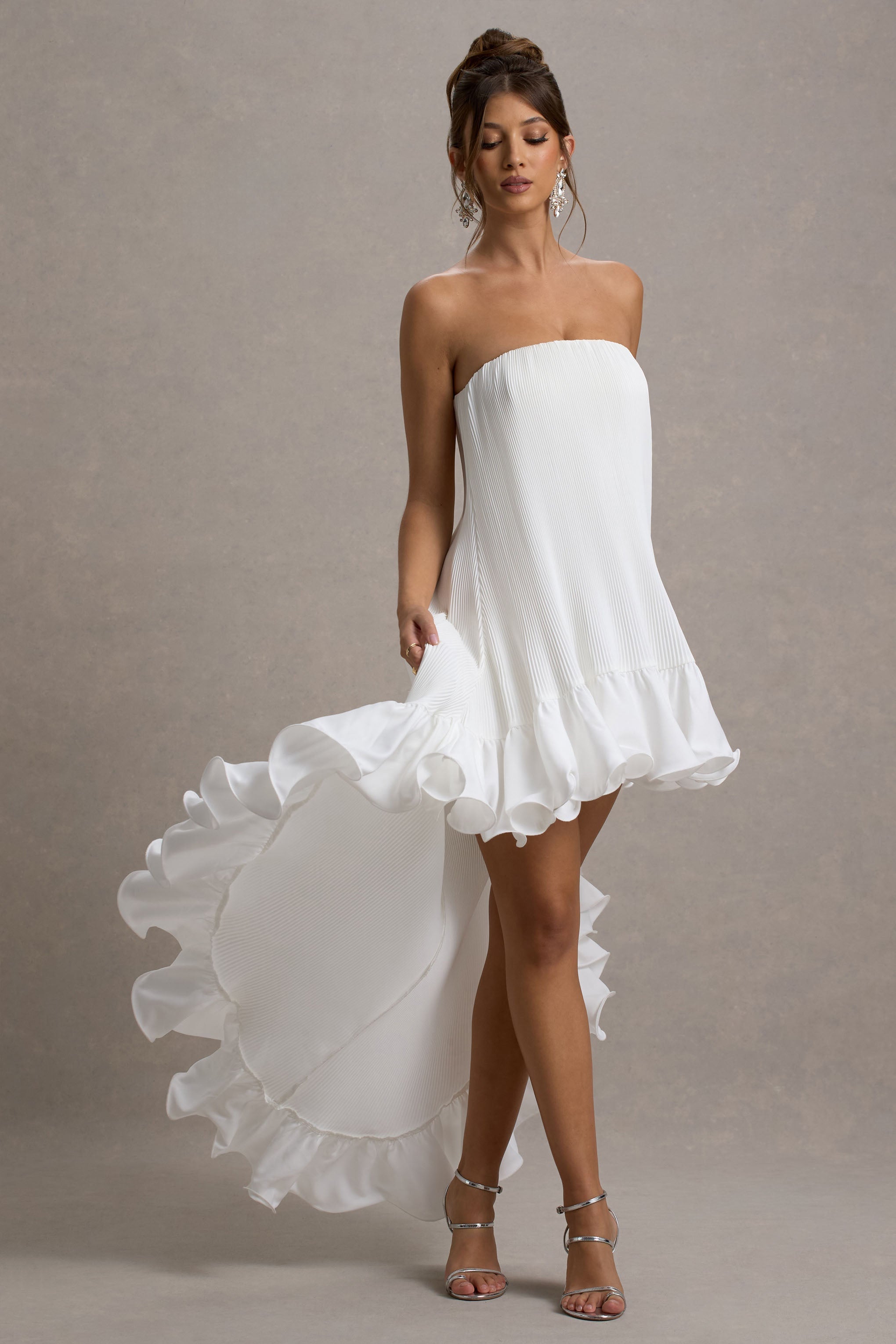 Whistler | White Chiffon Bandeau High-Low Ruffled Maxi Dress