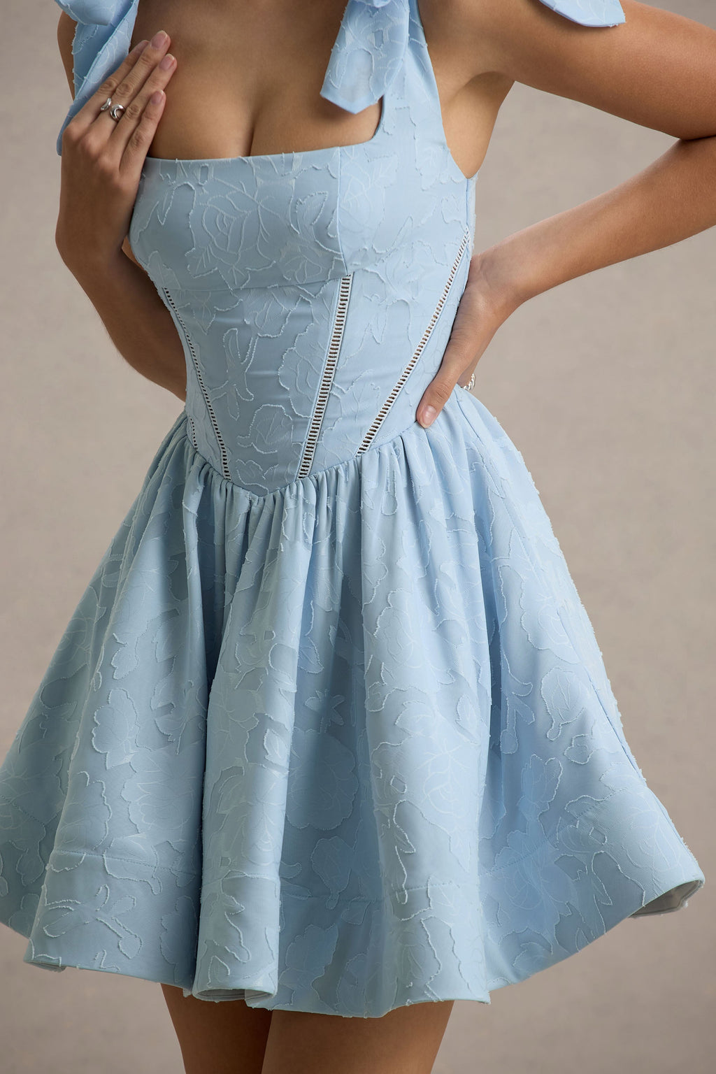 Bethani | Light Blue Skater Mini Dress With Bow Straps