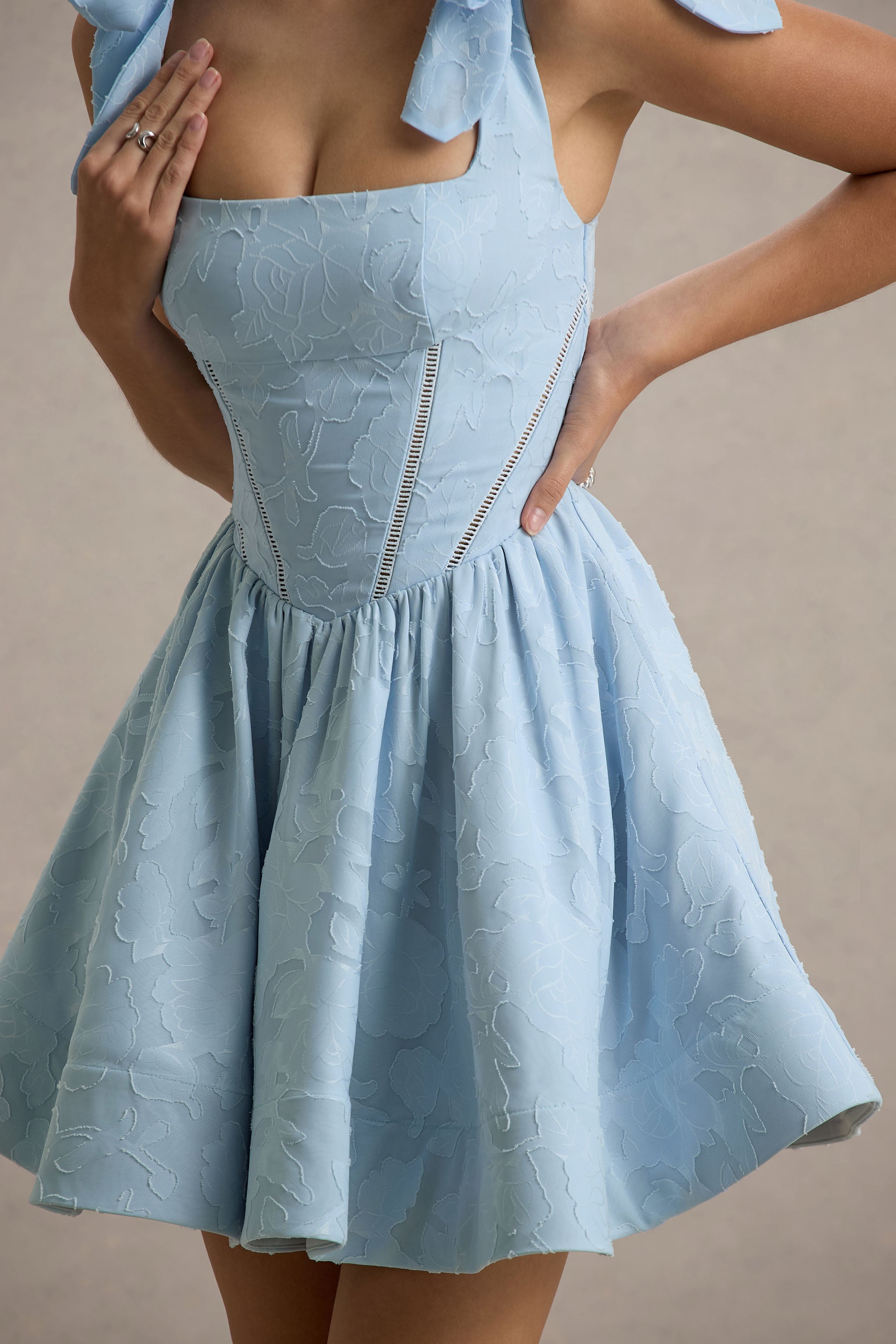 Bethani | Light Blue Skater Mini Dress With Bow Straps