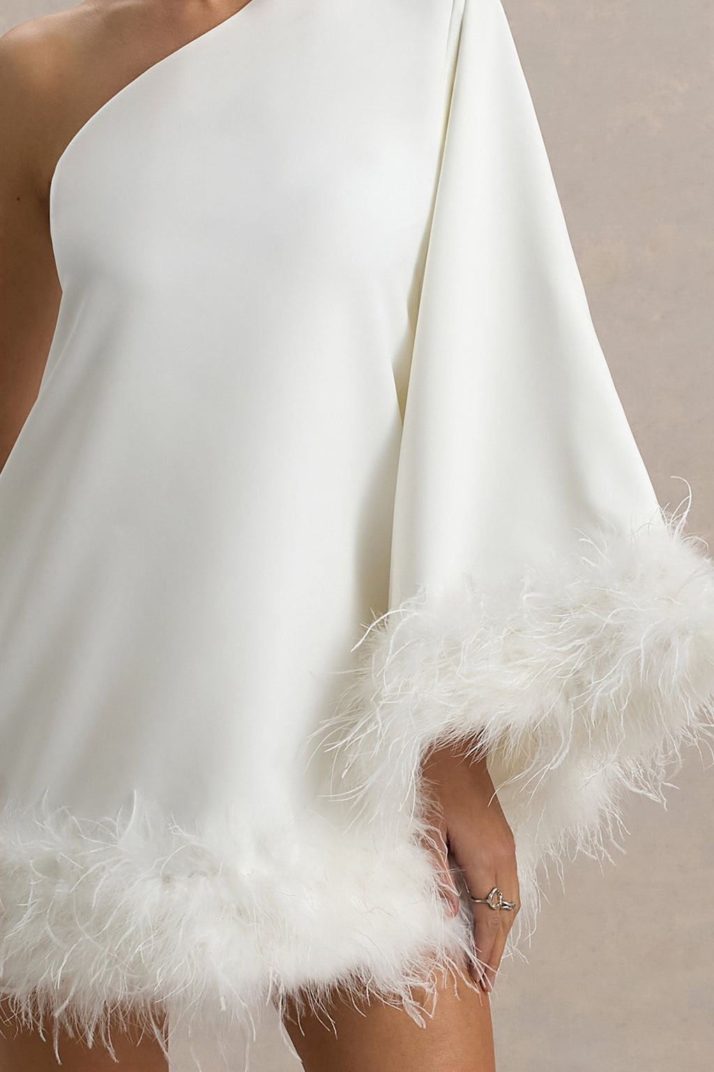 Epiphany | White One Shoulder Cape Sleeve Mini Dress With Feathers