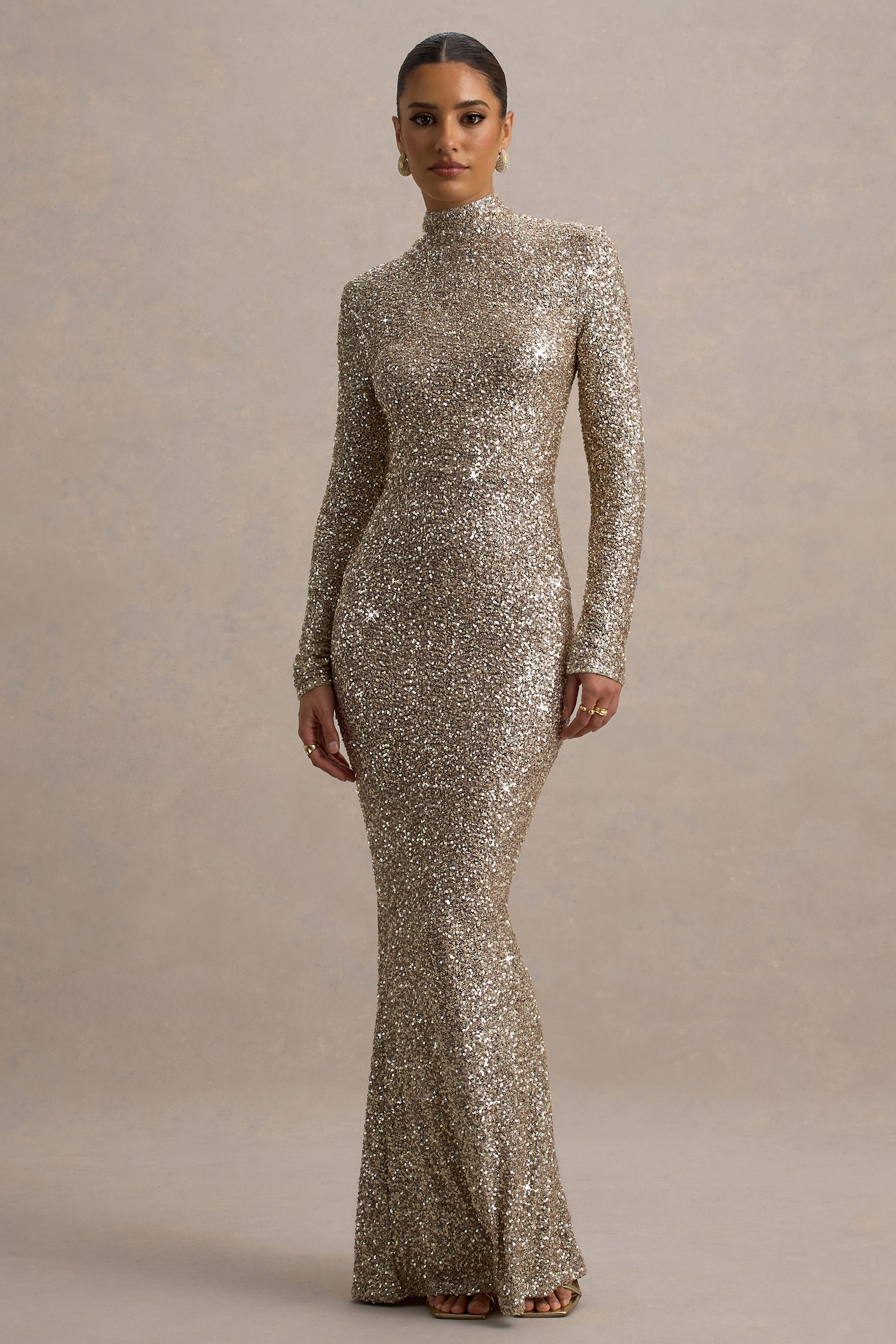 Galaxy | Champagne Sequin Turtle-Neck Long-Sleeve Maxi Dress