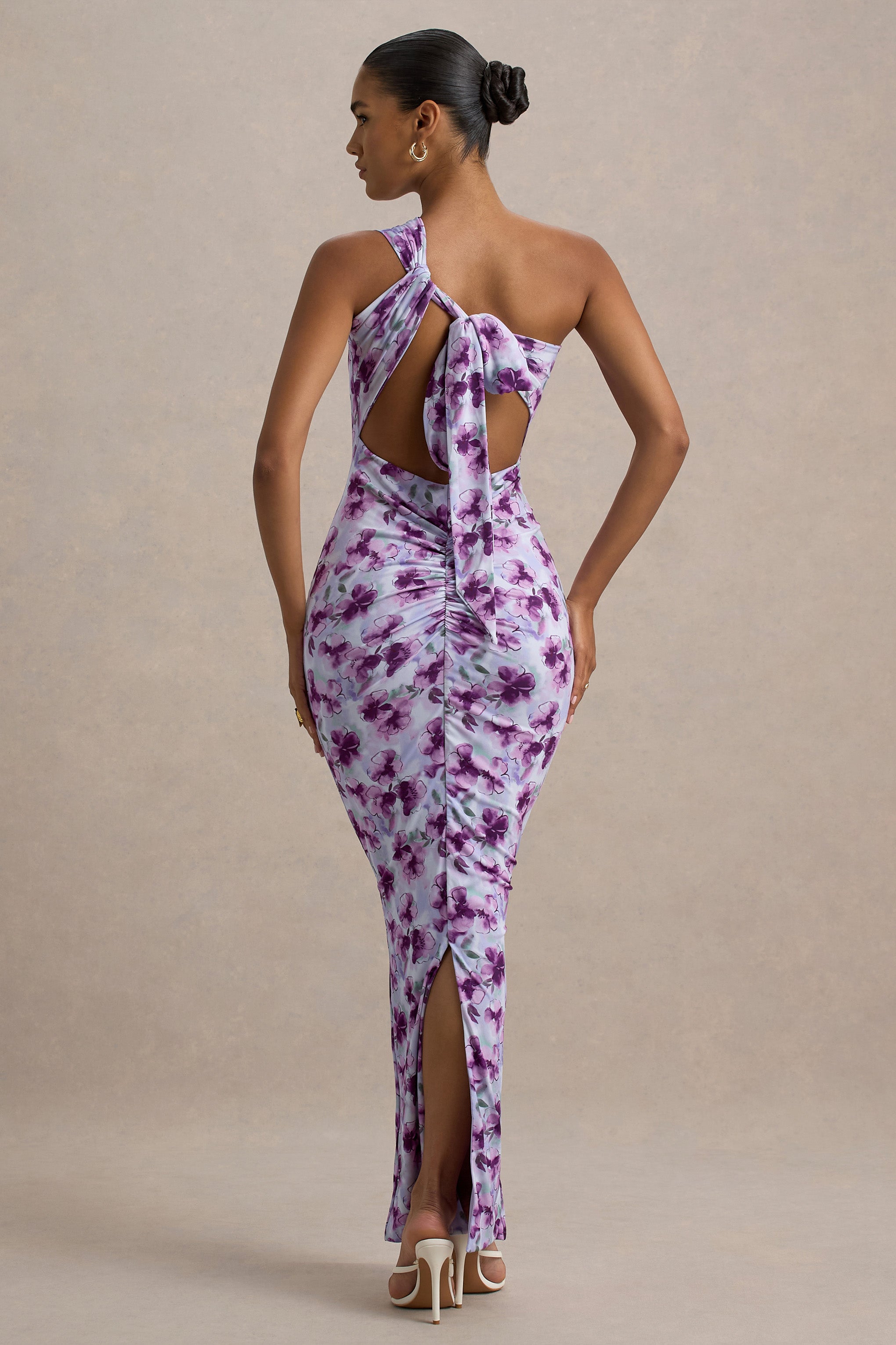 Venetia | Purple Floral Print One-Shoulder Tie-Back Maxi Dress