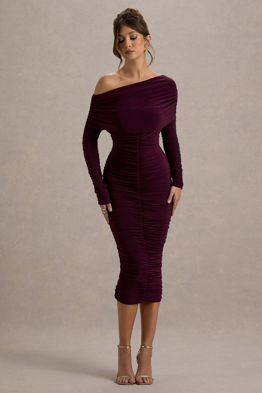 Sinclair | Plum Ruched One-Shoulder Bodycon Midi Dress