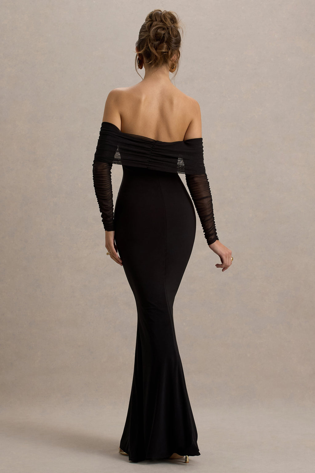 Madeleine | Black Fishtail Maxi Dress With Bardot Mesh Long Sleeves