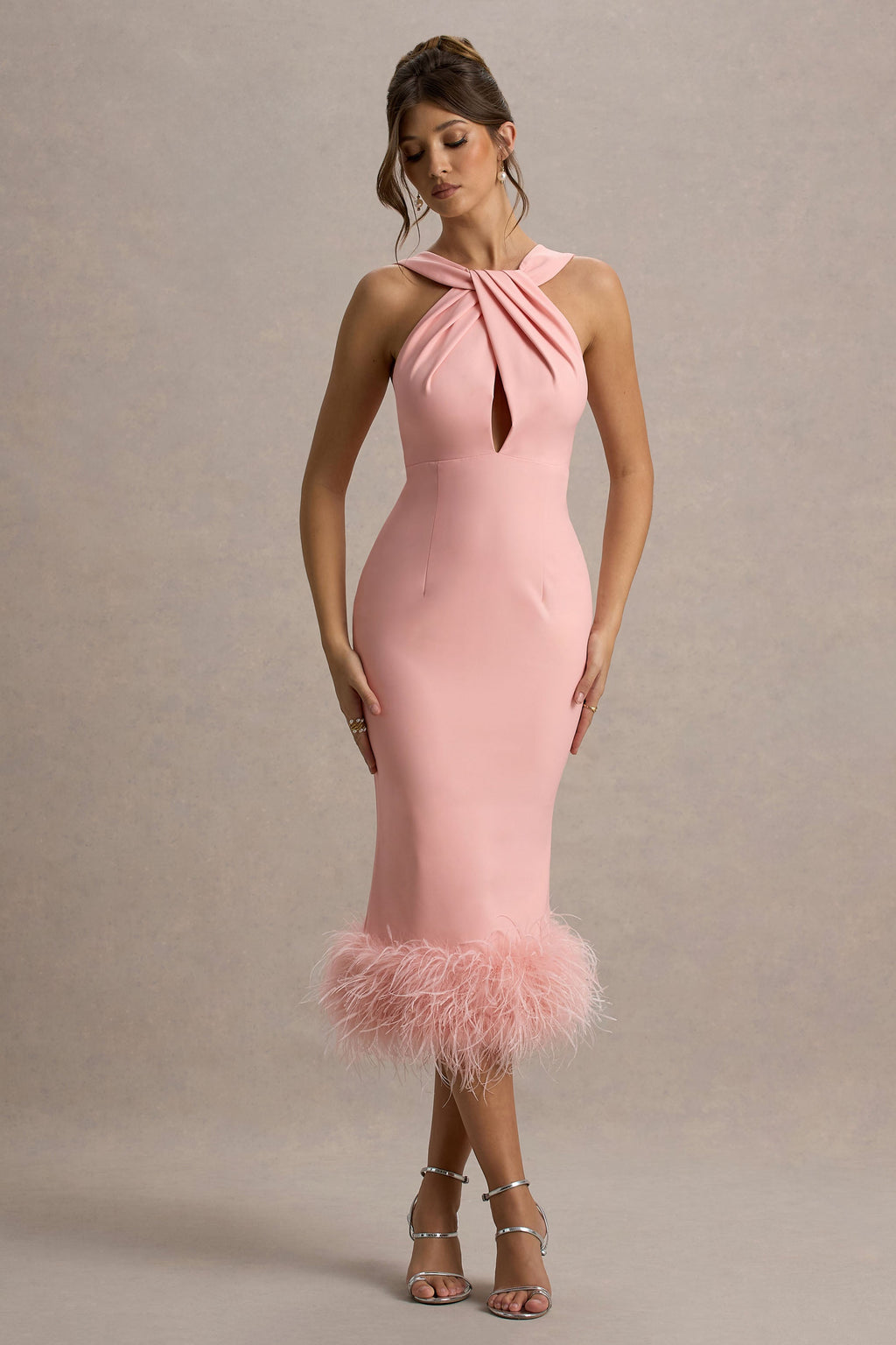 Titania | Pink Twist-Neck Feather Hem Midi Dress