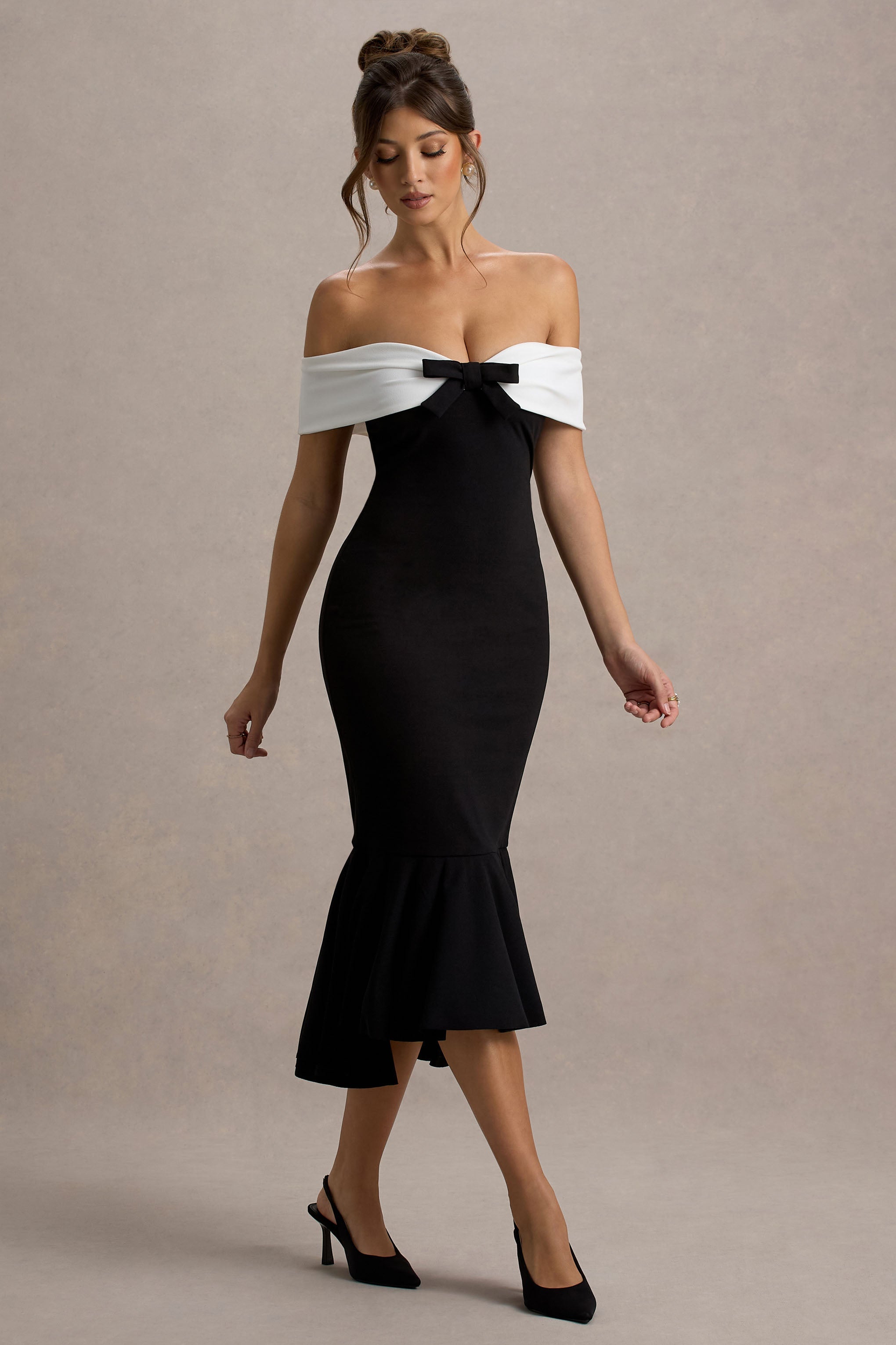 Corola | Black & White Bardot Volume-Hem Midi Dress