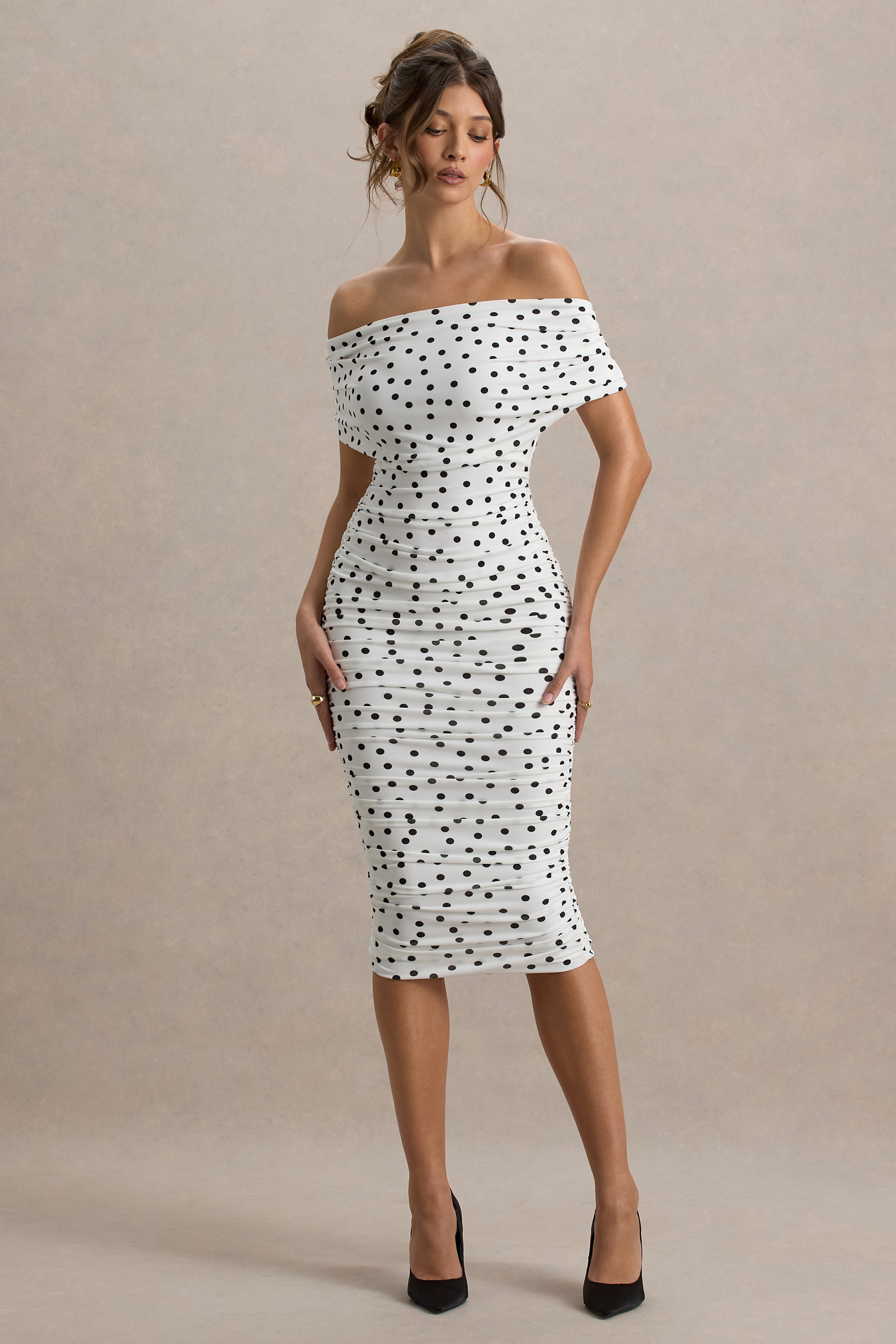 Rayleigh | Polka Dot Bardot Ruched Midi Dress