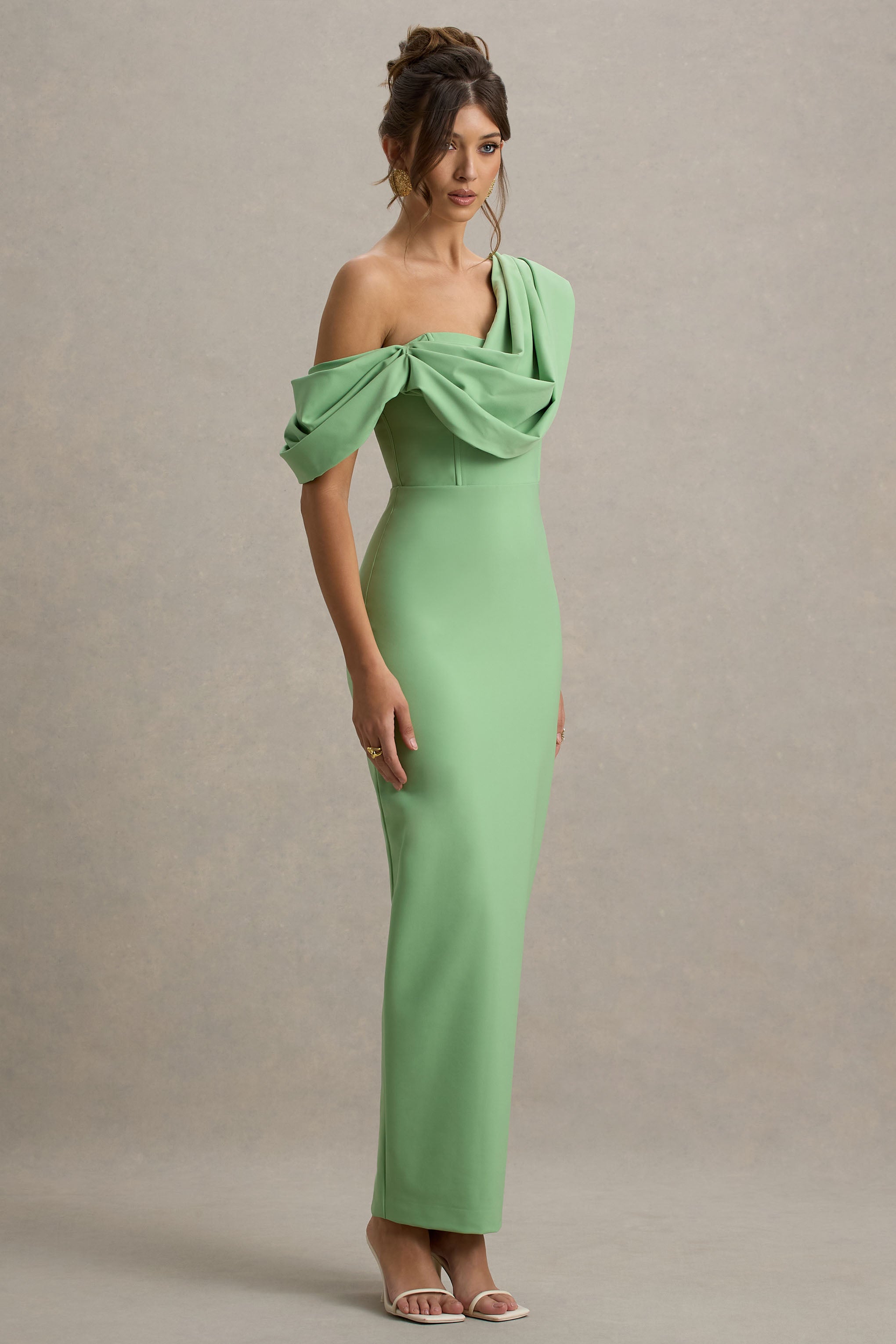 Angelina | Green Draped Shoulder Maxi Dress