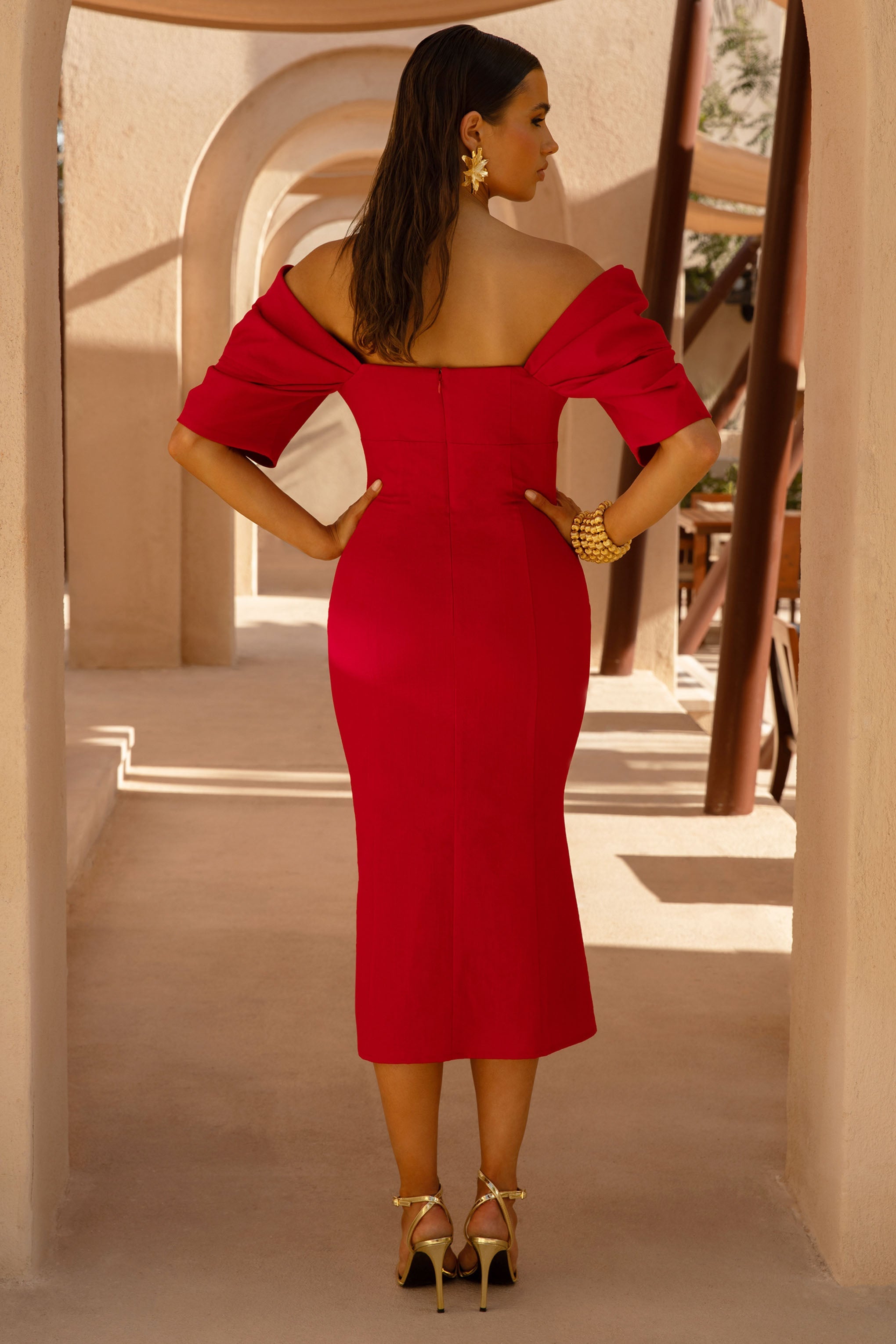 Fiona | Red Plunge-Neck Split Midi Dress
