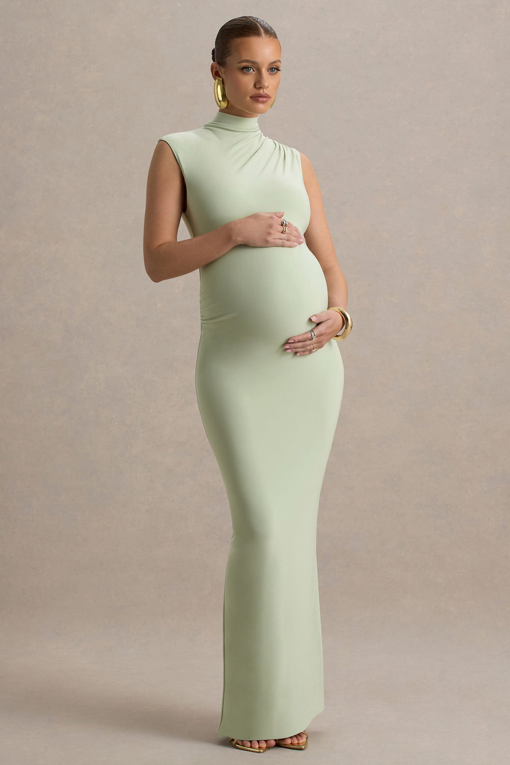Kienna | Light Green Ruched High-Neck Maternity Maxi Dress