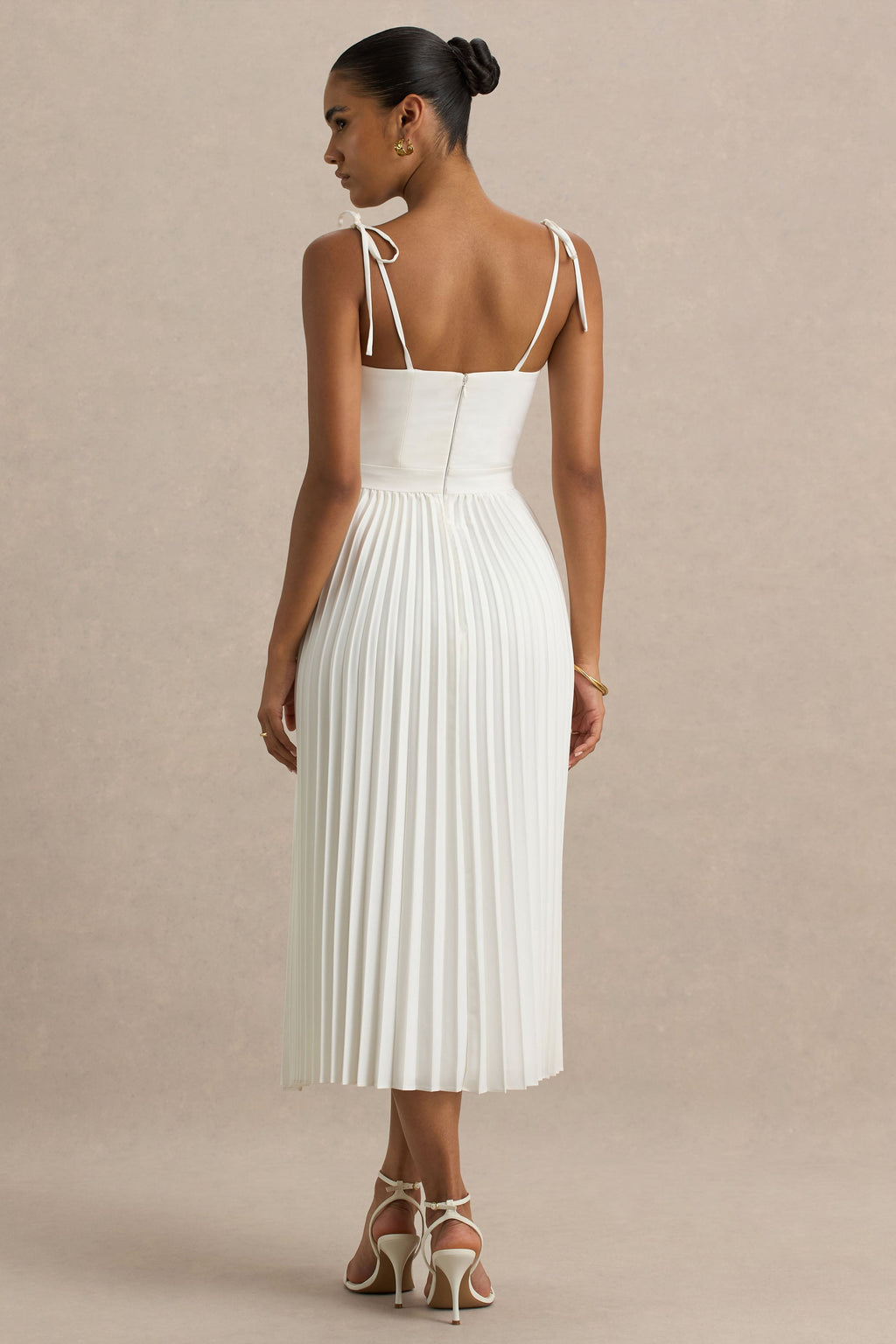 Agua | Cream Satin Sweetheart Midi Dress With Pleated Skirt