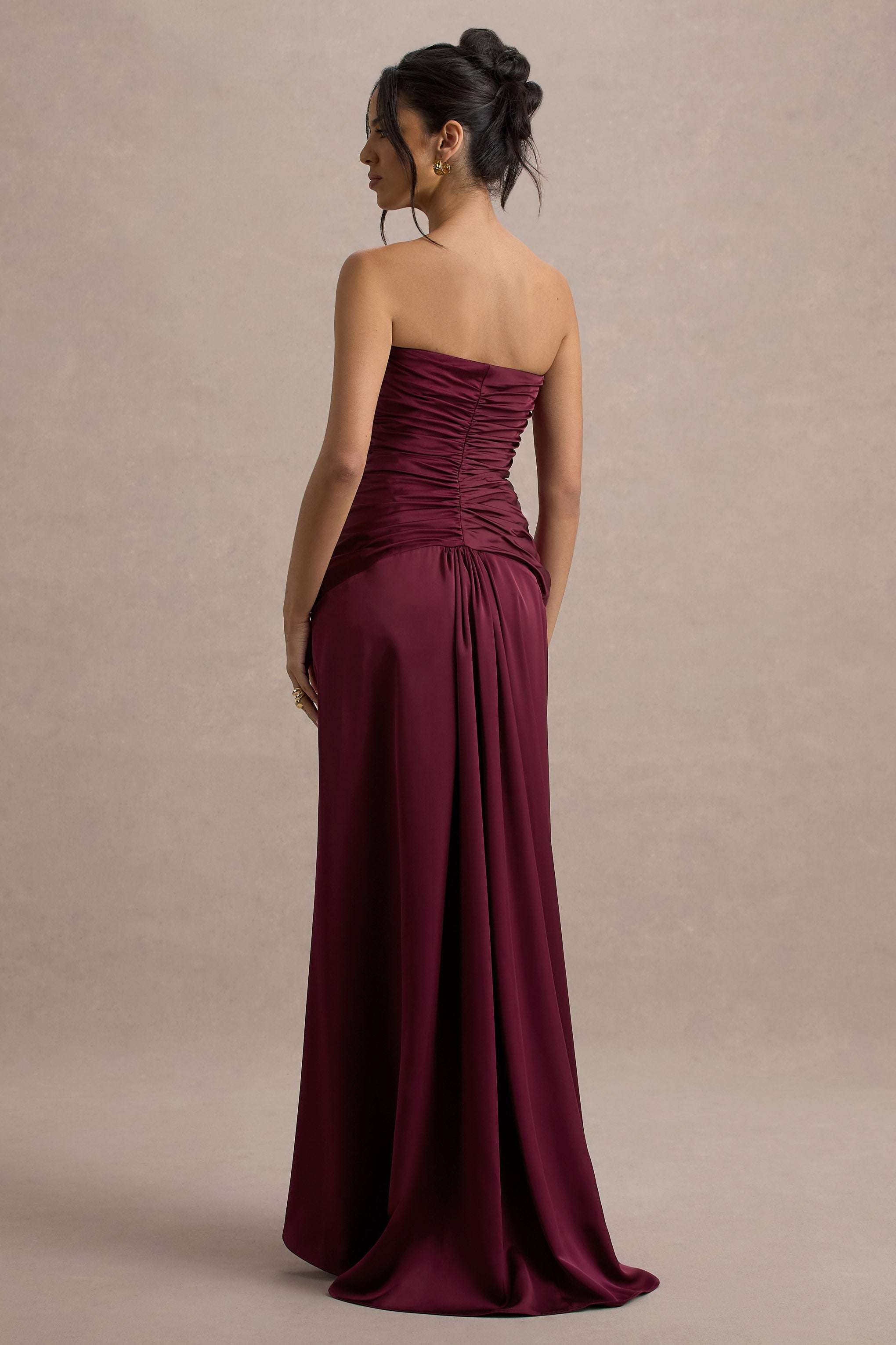 Desirie | Burgundy Satin Sweetheart Gathered Maxi Dress