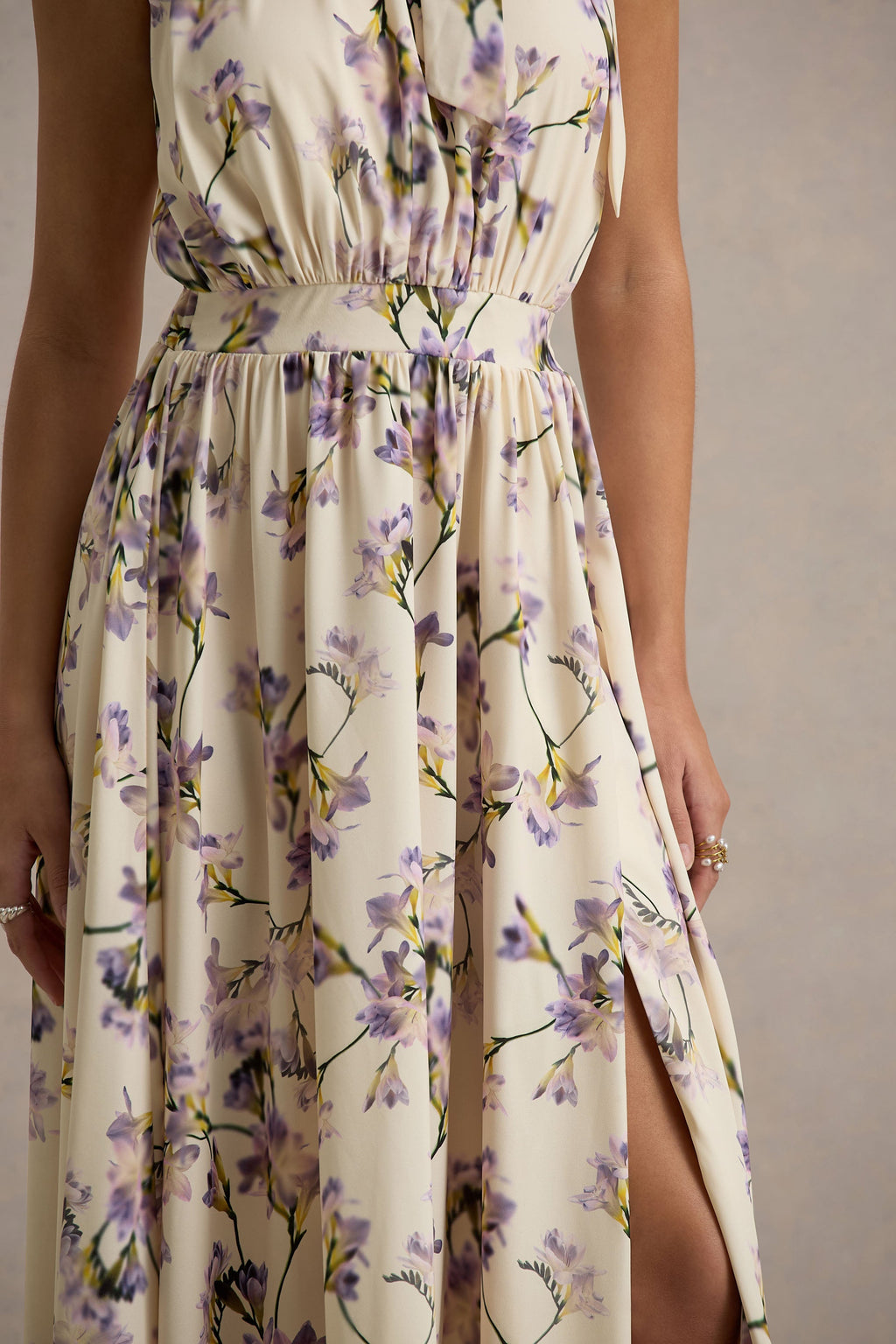 Talia | Lemon Floral Print High-Neck Split Maxi Dress With Bow