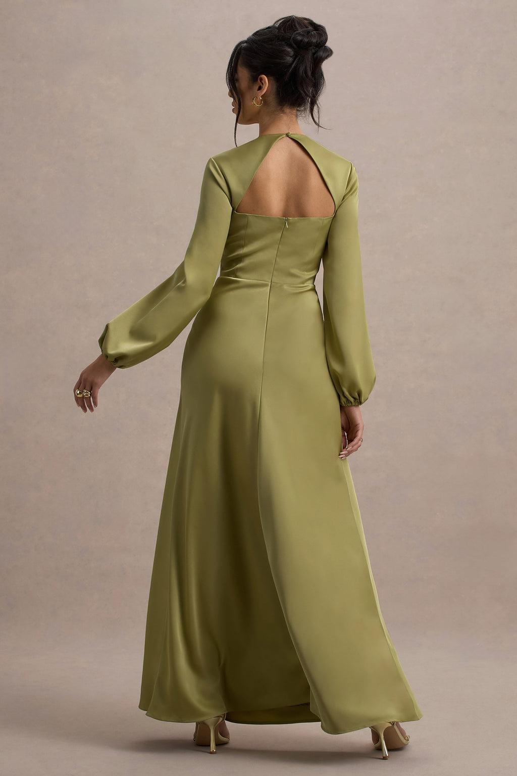 Crawley | Light Green Satin Puff-Sleeve Maxi Dress