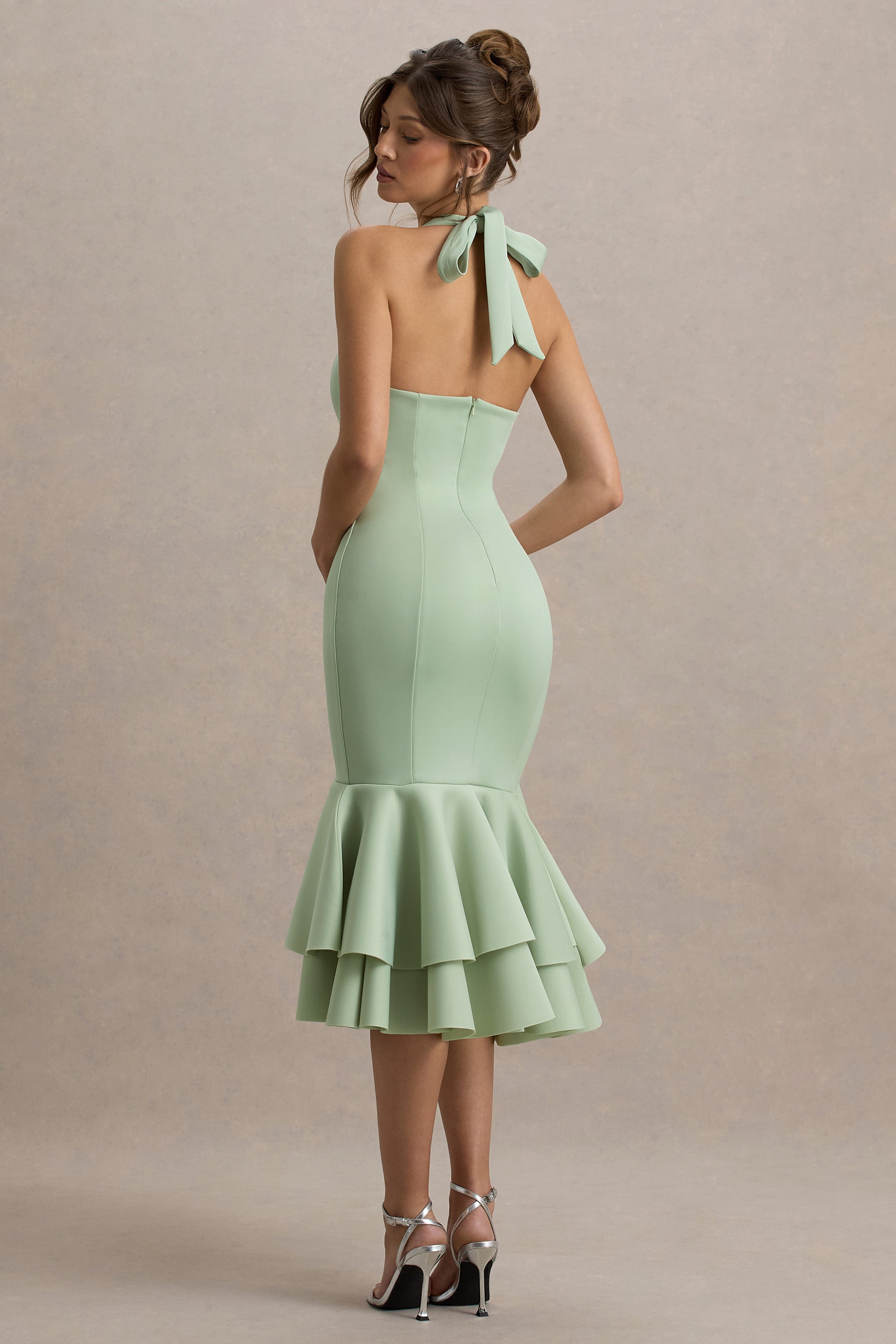 Arla | Light Green Halter Neck Ruffle Trim Midi Dress