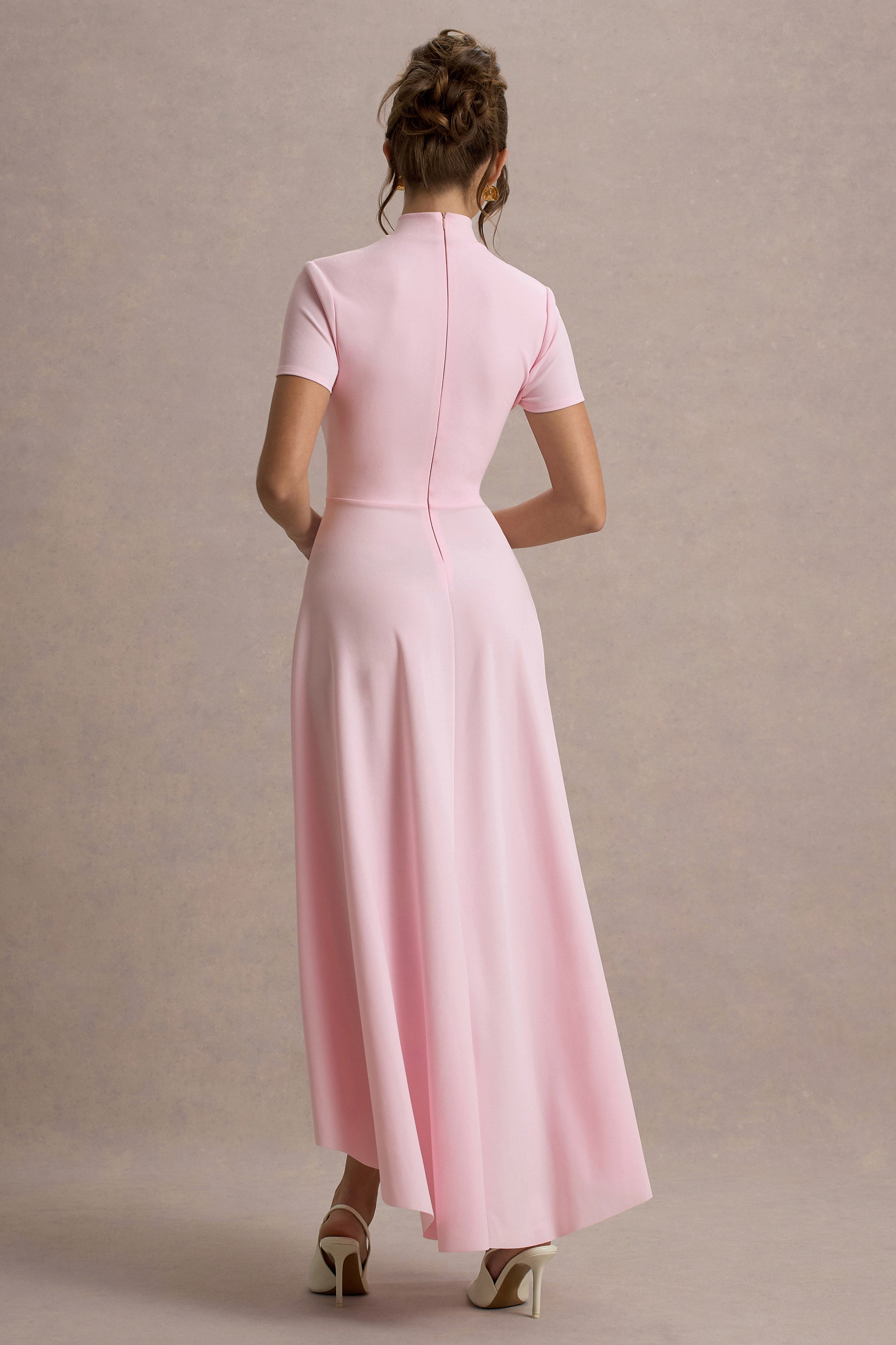 Bellona | Pink High-Neck High-Low Midi Dress