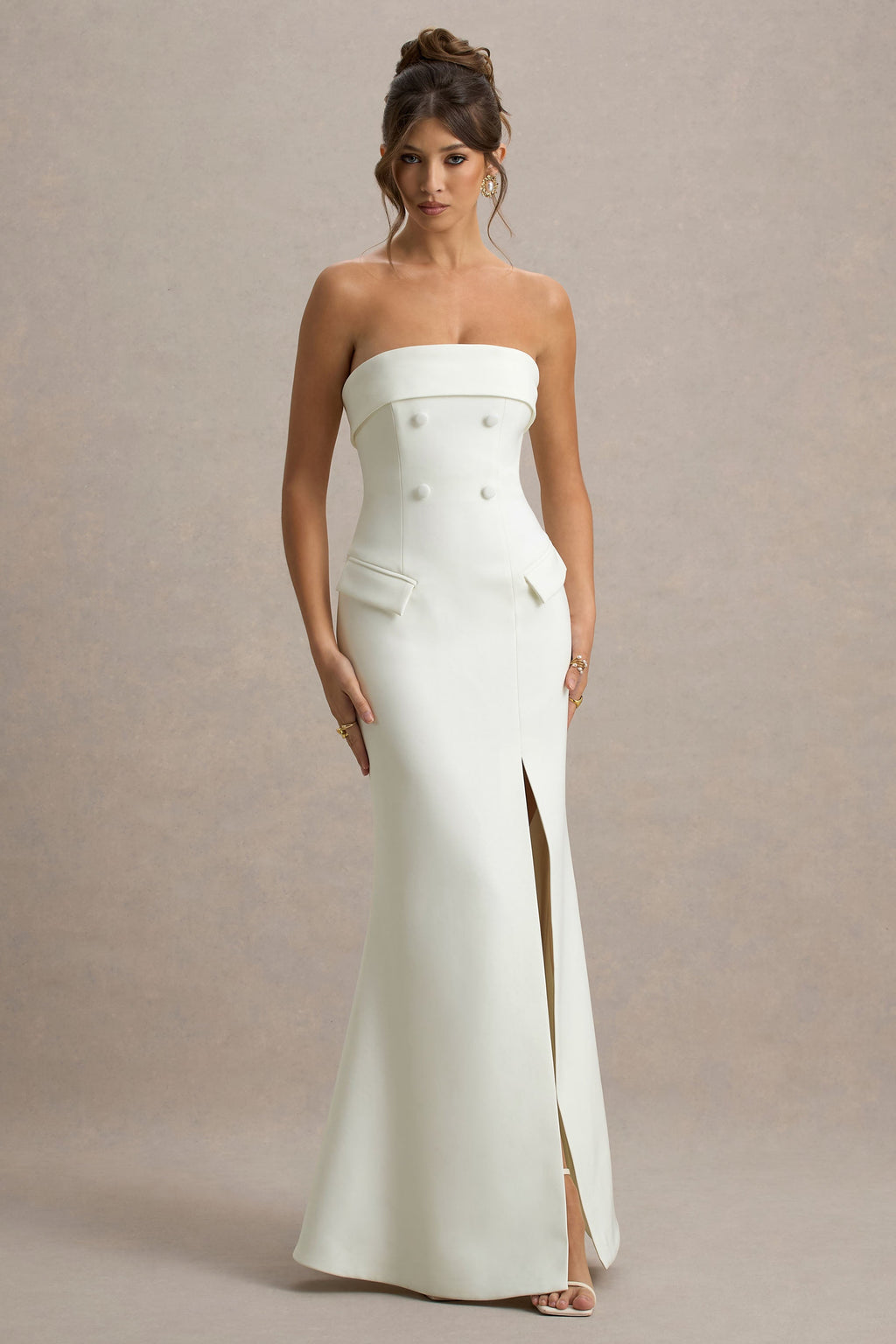 Lucia | Cream Bandeau Tailored Maxi Dress With Split