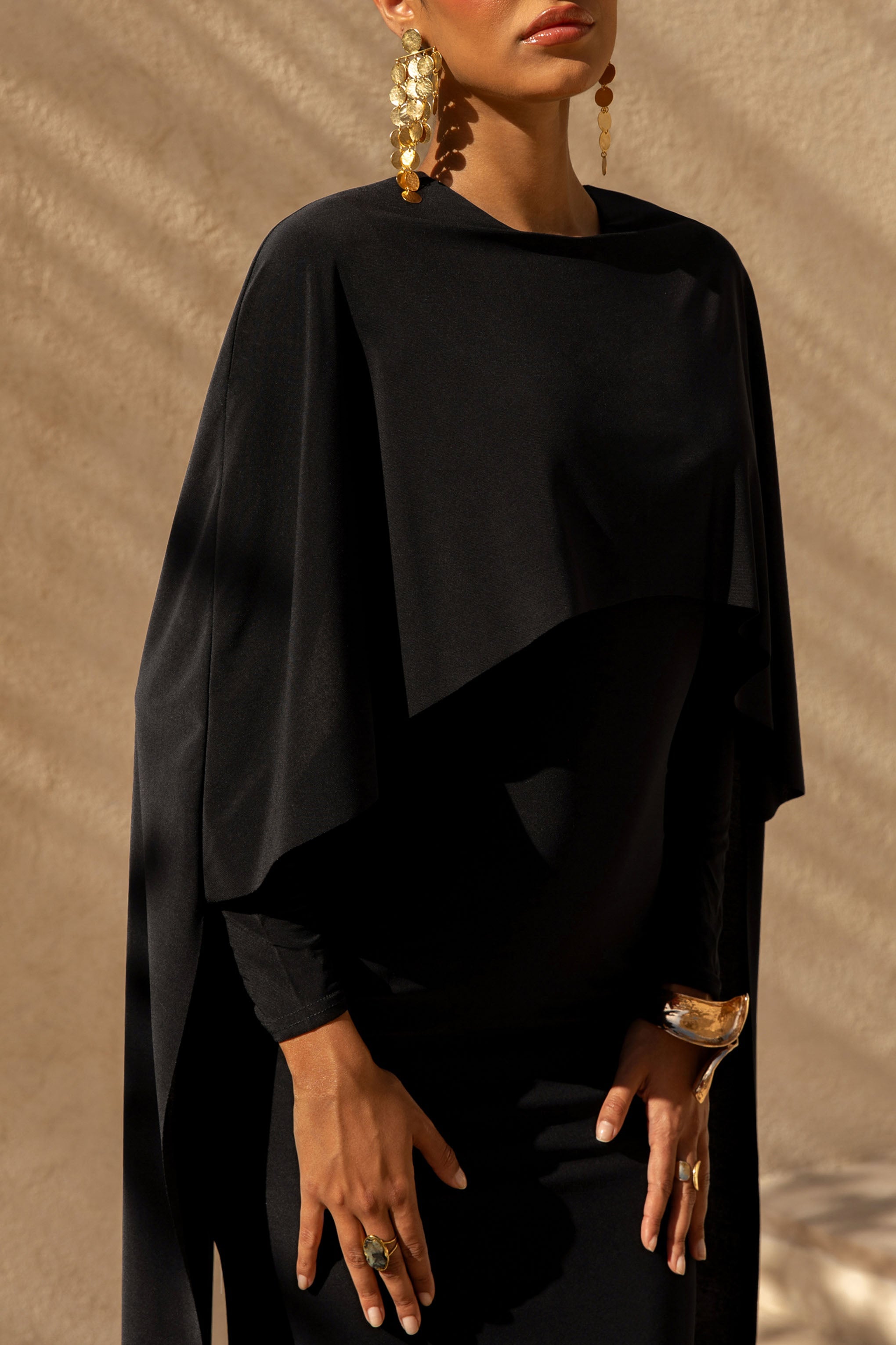 Belinda | Black Draped Maxi Dress With Cape Sleeves