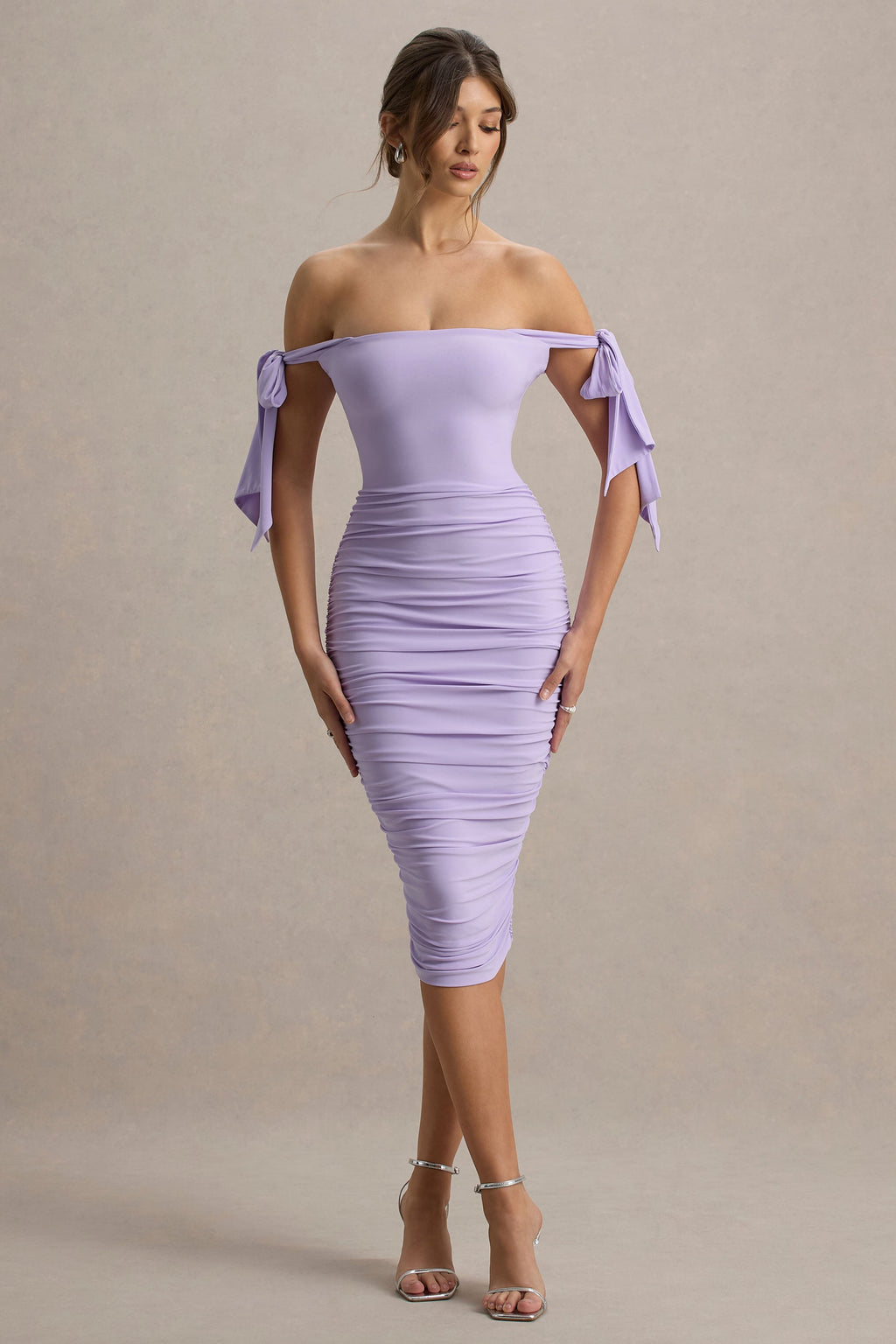 Citrus | Lilac Bardot Bodycon Midi Dress With Bow Sleeves