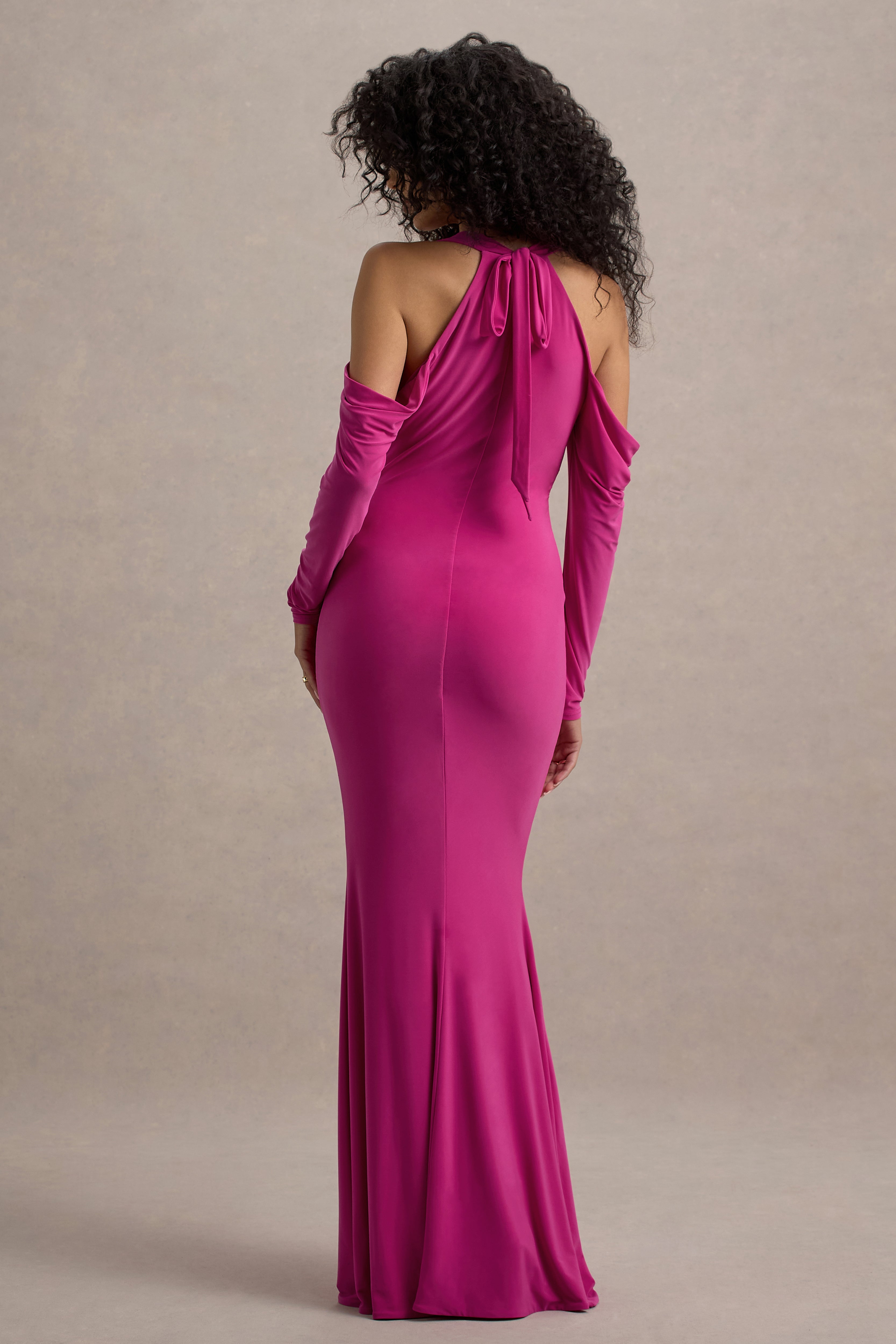 Hurghada | Hot Pink Plunge-Neck Long-Sleeve Maxi Dress