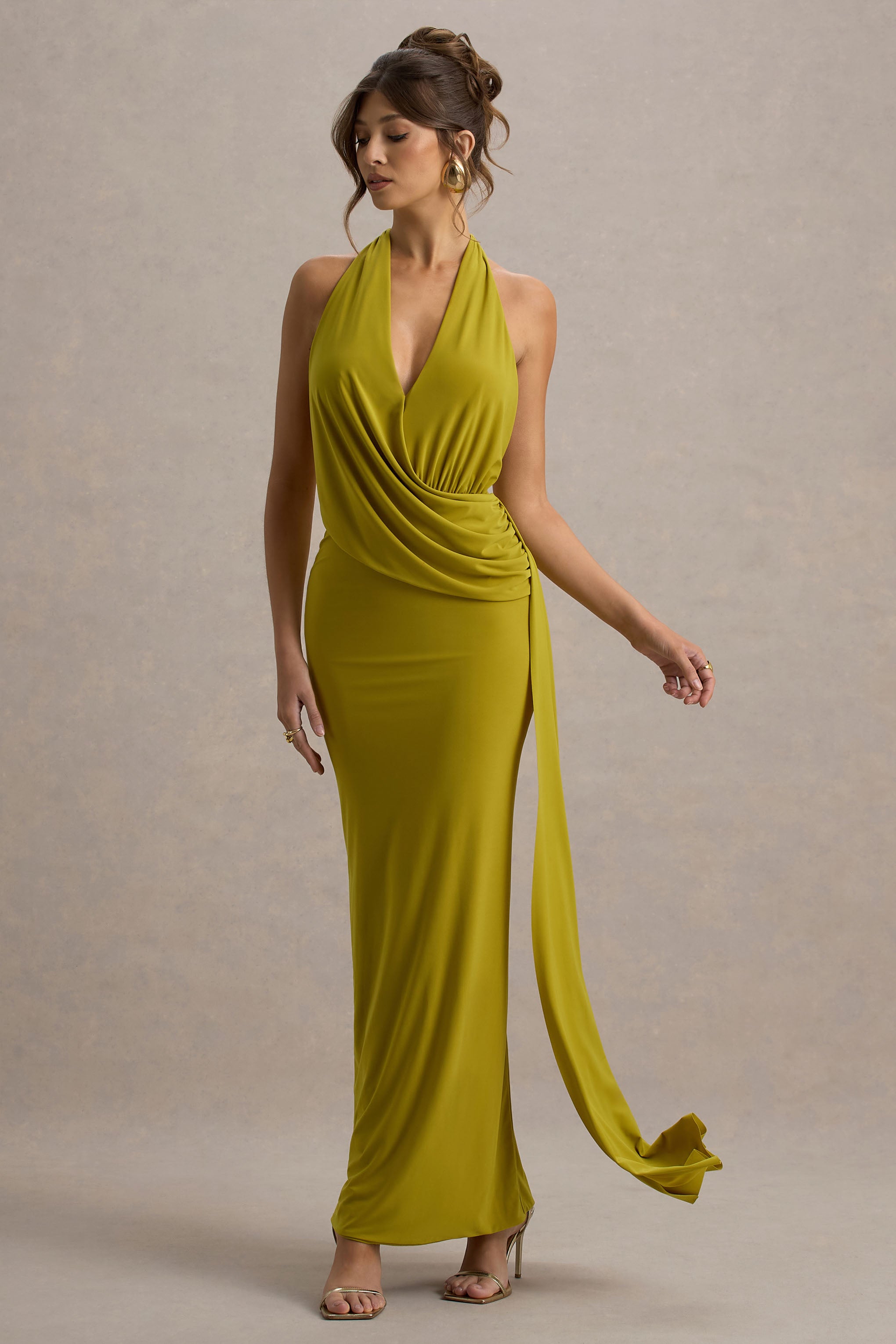 Rosina | Green Halter-Neck Draped Maxi Dress With Sash