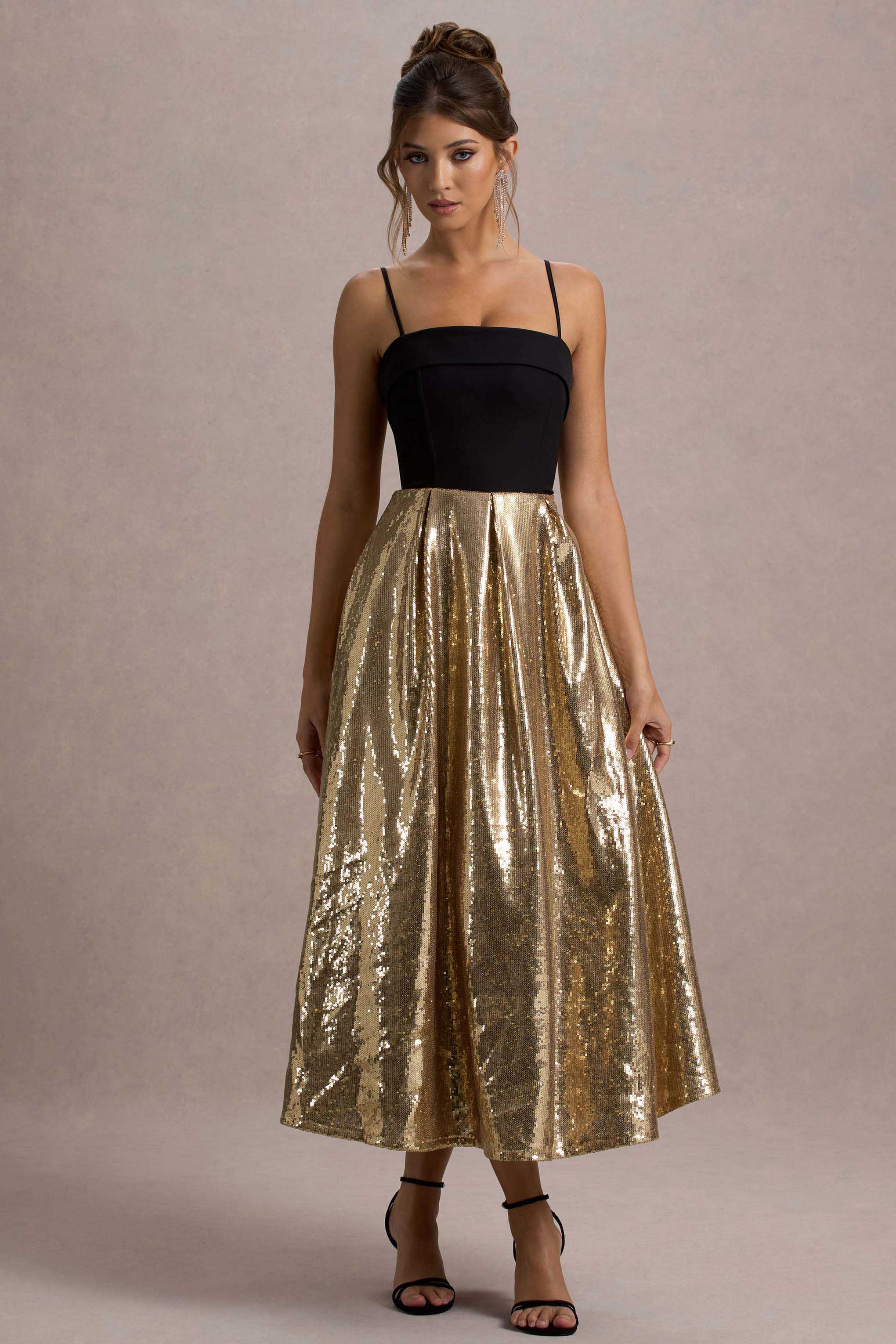 Nicci | Black & Gold Strappy Midi Dress With Sequin Skirt
