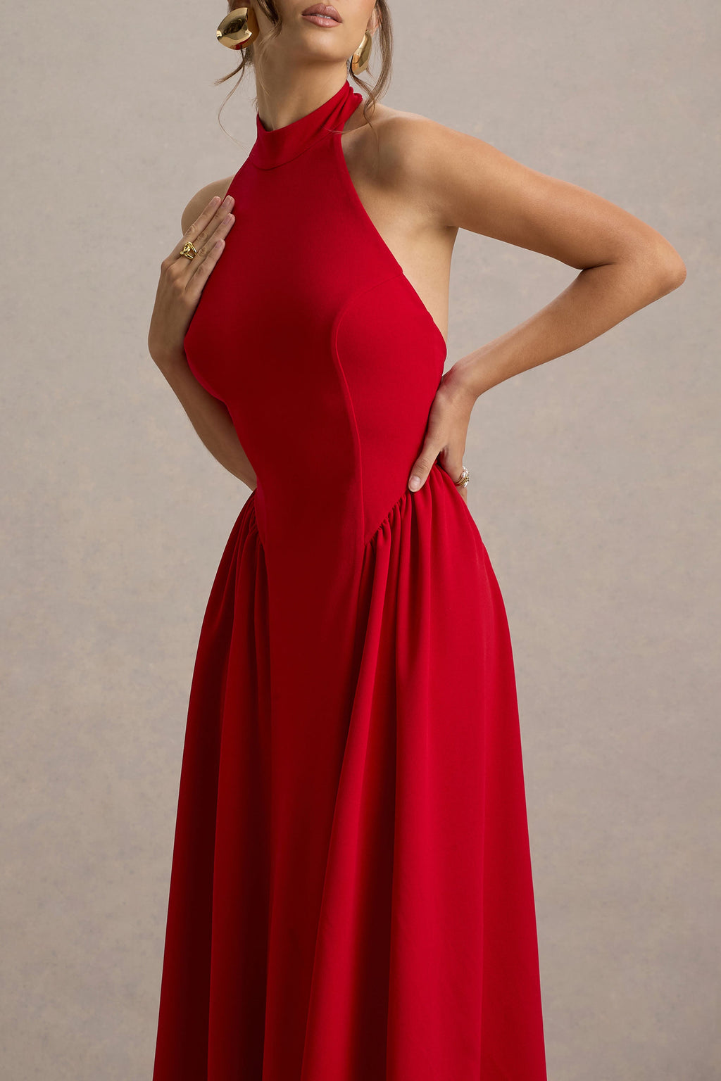 Cynthia | Red High-Neck Maxi Dress With Volume Skirt