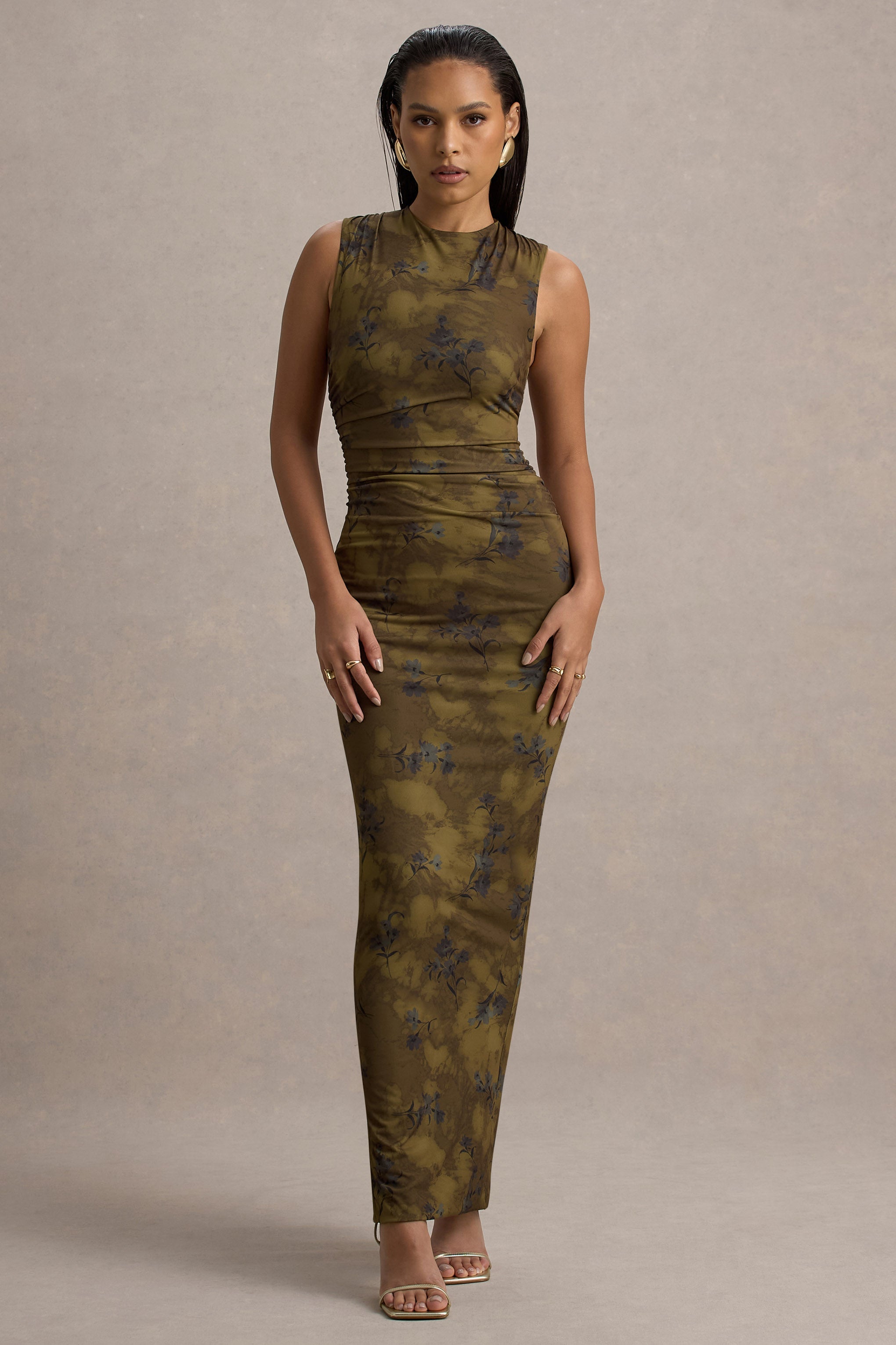 Jacinda | Khaki Floral Print Bodycon Maxi Dress