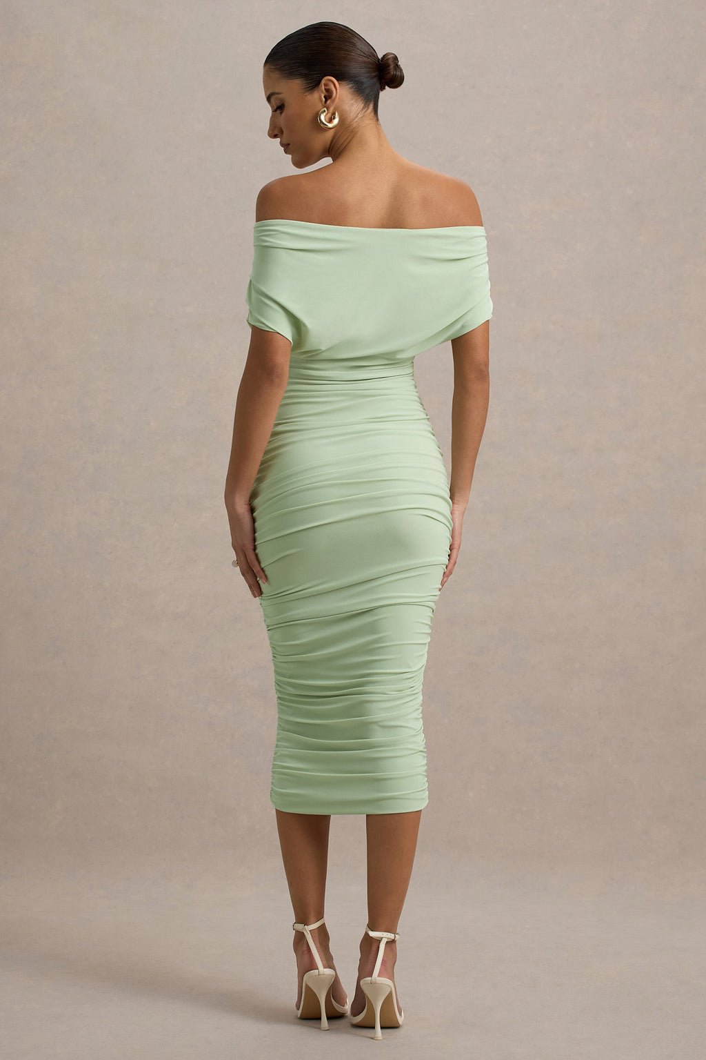 Rayleigh | Light Green Bardot Ruched Midi Dress