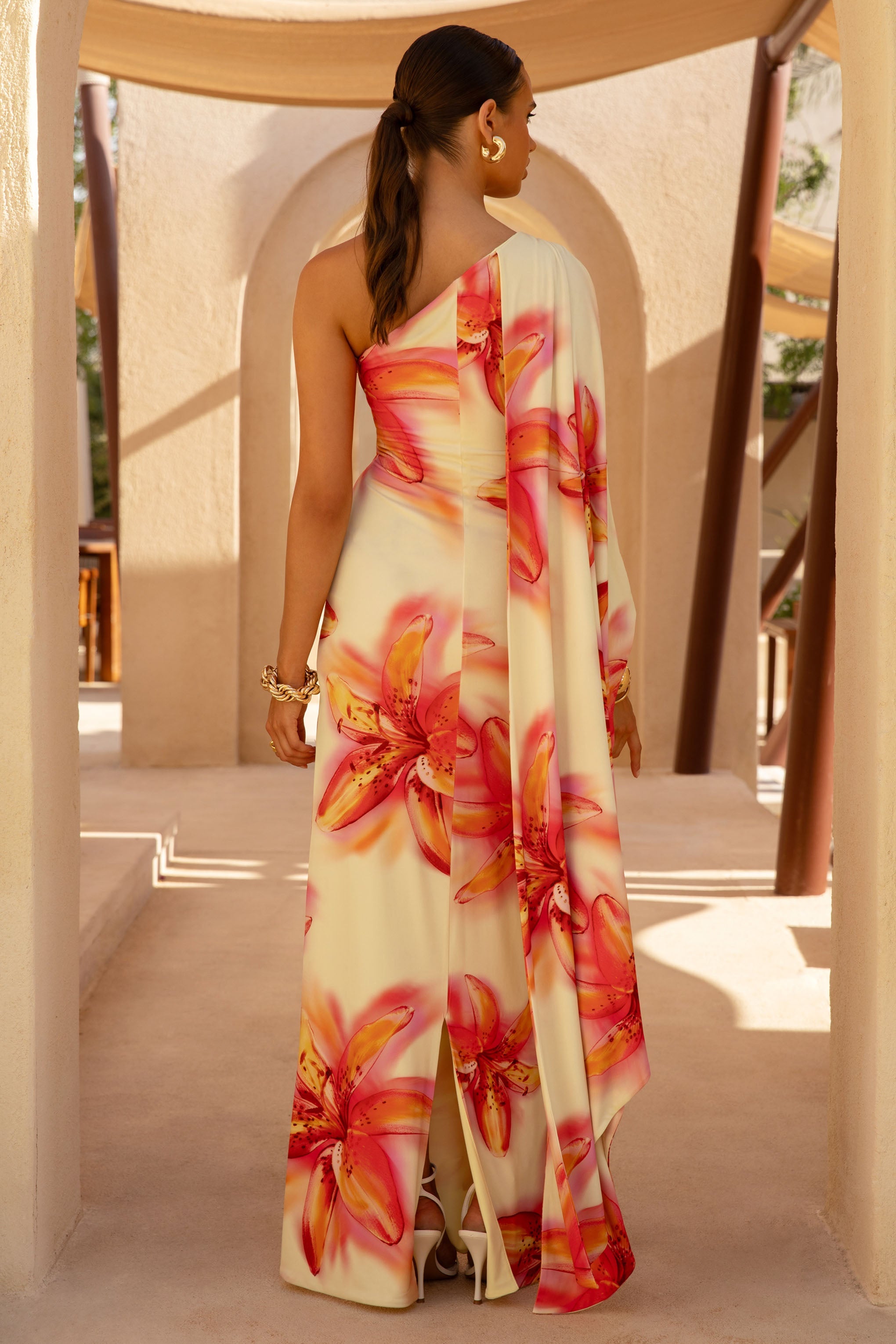 Portia | Lemon Lily Print Asymmetric Maxi Dress With Ruched Detail